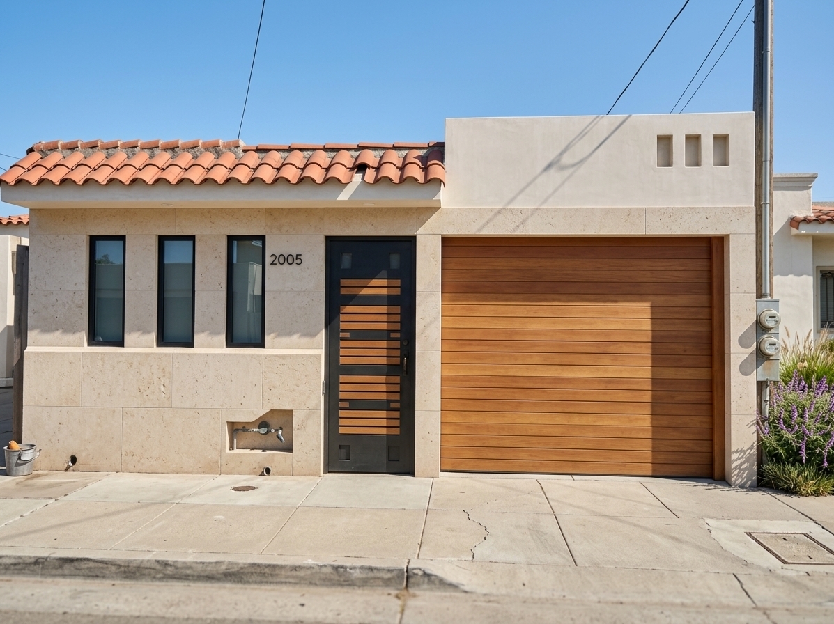 An incredibly lifelike, richly detailed, photorealistic eye-level architectural photo of an elegant, modern minimalist facade set in a sun-drenched coastal neighborhood. The scene is illuminated by bright, clear midday summer sunlight, creating a sharp, sophisticated atmosphere with crisp geometric shadows. Captured with a professional 35mm tilt-shift architectural lens, emphasizing the tactile textures of warm beige cantera stone panels, rich slatted hardwood, and matte black steel trim...

The redesigned single-story home transforms the modest original structure into an upscale minimalist haven. A featured section of the facade is clad in finely textured, light-toned *cantera* quarry stone that adds depth and understated luxury. The old pedestrian gate is replaced with a custom dark steel-framed pivot door inset with warm teak wood slats, complemented by a matching horizontal modern wood garage door on the right. The three front windows are upgraded to sleek, full-height dark steel frames with pristine clear glass, eliminating the old security bars in favor of refined modern elegance. Above, clean geometric lines replace worn roof tiles, contrasting smooth off-white plaster against natural timber and dark metal details, while neat concrete paving and polished minimalist accents complete this tranquil, high-end residence.