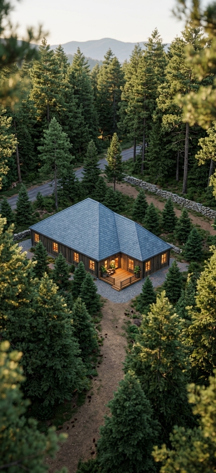 An incredibly lifelike, richly detailed, photorealistic high-angle isometric shot of a contemporary rustic cabin home set in a tranquil alpine mountain escape. The scene is illuminated by soft, warm afternoon sunlight filtering through a thick canopy, creating a cozy, inviting, and peaceful atmosphere. Captured with a professional architectural lens, emphasizing the rich textures of dark-stained vertical wood siding, matte blue-gray slate roofing, and natural honey-toned cedar deck boards at the sheltered entrance. Nestled seamlessly into a lush forest of dense pine trees in shades of deep green, warm browns, and earthy neutrals, the rugged single-story structure harmonizes with its surroundings. Warm, golden ambient light glows from within the double-hung windows, offering glimpses of an inviting interior filled with sturdy log furniture, natural wood finishes, and vibrant indoor plants, capturing the ultimate spirit of comfortable mountain living.