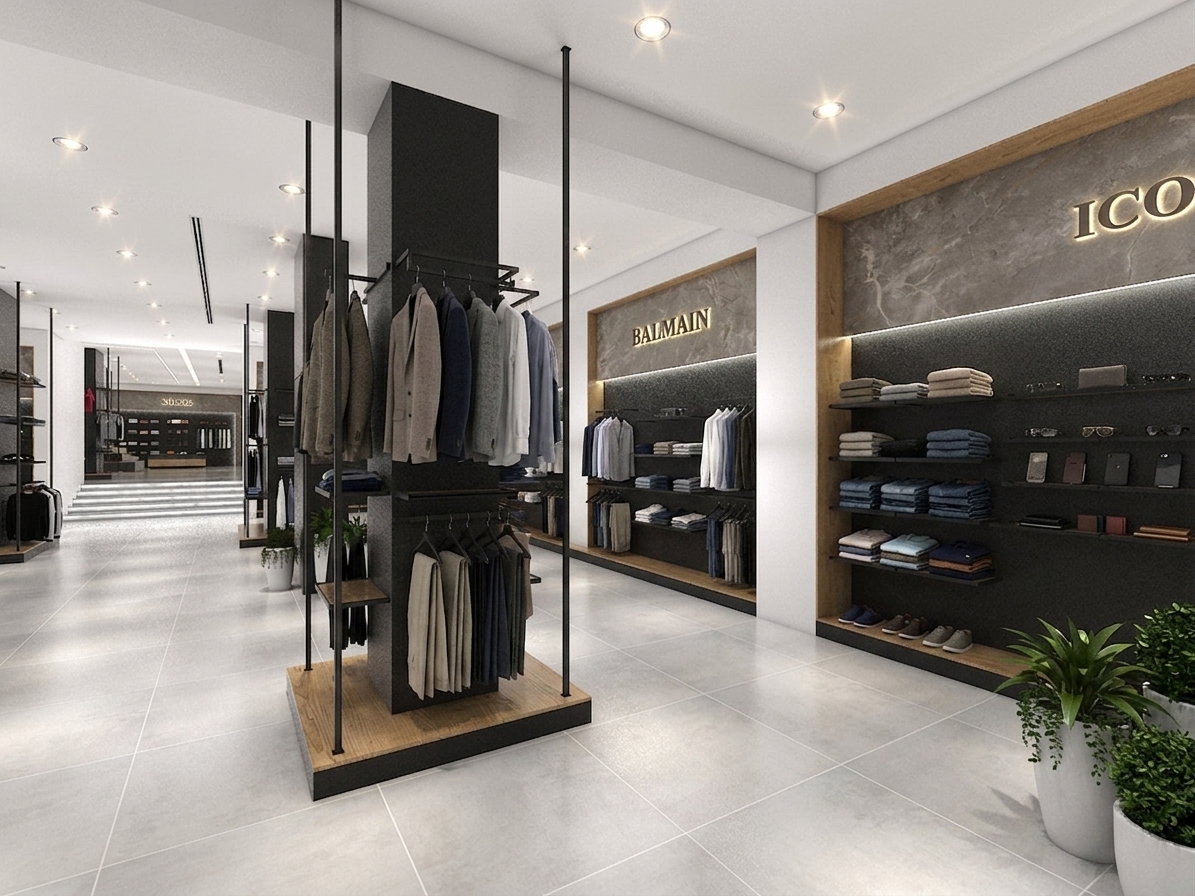 A wide-angle architectural interior photograph of a luxury boutique store, precisely maintaining the layout, geometry, and camera angle of the original scene. The recessed ceiling spotlights are significantly brighter, casting vivid, warm downlight with focused pools of light across the light gray polished floor tiles, creating natural glossy reflections and realistic micro-scuffs. The metallic wall logos mounted on the gray marble feature panels are transformed into bright illuminated signage, emitting a crisp, warm glow that halos each letter against the stone backdrop. The dark display shelves along the walls and the black metal hanging rails wrapping around the central textured columns are neatly filled with high-end designer clothing, featuring folded cashmere sweaters and t-shirts stacked precisely on the shelves, and tailored jackets, shirts, and trousers hung uniformly on slim black hangers along the rails. The light oak wood bases and frame trims exhibit detailed wood grain physics, while the matte black structural columns and fixtures showcase soft light absorption and realistic wear. Shot on a wide architectural lens with deep depth of field, gentle vignetting, faint lens flare from the intensified lights, and rich fabric micro-textures.
