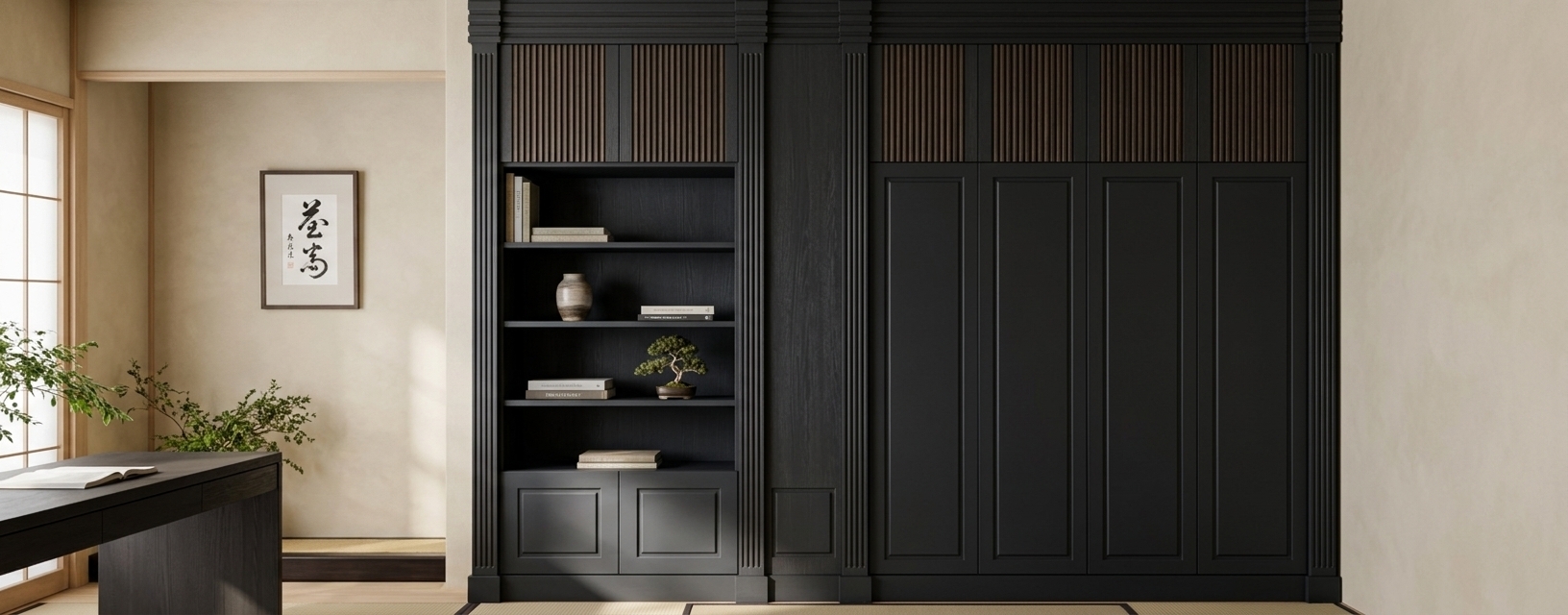 An incredibly lifelike, richly detailed, photorealistic wide-angle interior shot of a serene Japanese Zen study room set in a tranquil home environment. The scene is illuminated by soft, diffuse morning light streaming through unseen shoji screens, creating a calm, balanced, and harmonious atmosphere. Captured with a 35mm architectural lens, emphasizing the tactile grain of charcoal-stained timber, delicate fluted paneling, and smooth organic textures, the room centres around a bespoke floor-to-ceiling joinery unit. Finished in a matte dark slate tone, the wall feature seamlessly combines open, uncluttered shelving with classic paneled storage doors and finely slatted upper soffits. Curated minimalist Japanese decor—including a few hardbound photography books, a ceramic vase, and an artfully styled bonsai plant—rests lightly on the shelves, embodying a wabi-sabi sensibility. In the surrounding space, low wooden furniture and a framed piece of minimalist Japanese calligraphy wall art sit against neutral plaster walls, complemented by subtle accents of natural green foliage and a rich, uncluttered color palette of deep blacks, earthy browns, and warm cream tones.