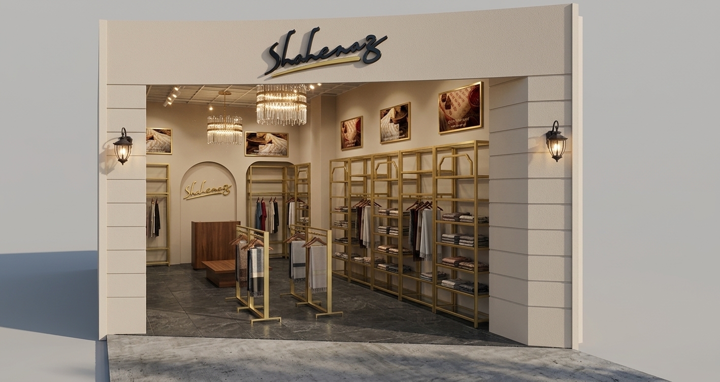The photo presents a sleek and inviting clothing store designed as a minimalist haven, bathed in a serene palette of light grayish, black, light beige, and very pale cream colors. The storefront itself features a clean, curved facade framed by substantial vertical columns and an overhead fascia, all rendered in a very pale cream, exuding an air of understated elegance. The brand name, "Shahenaz," is prominently displayed in a stylish black script with a golden underline against this cream backdrop, signaling the store's identity. Traditional black wall-mounted lanterns with clear glass panes flank the entrance, adding a touch of classic charm to the otherwise modern exterior. The immediate ground outside is a dark, rich grayish paving, creating a sophisticated contrast with the light-hued facade.

Inside, the space immediately conveys a sense of refined order. The interior walls are finished in a consistent light grayish color, providing a neutral and calming canvas. The flooring transitions to a slightly darker grayish tone, maintaining continuity while subtly defining the interior boundary. The most striking elements are the extensive gold-colored metal display racks that line the right wall and punctuate the central area. These modular units, some reaching impressive heights and featuring decorative, ornate arched tops, stand ready to display garments on natural wood hangers, embodying both functionality and luxury. Recessed lighting fixtures dot the ceiling, ensuring bright, even illumination throughout, while two elegant hanging chandeliers with gold frames and slender vertical clear rods add sparkling focal points and a hint of glamour. On the left side of the store, a circular cutout within a light beige wall panel proudly features the "Shahenaz" logo, reinforcing the brand. Nearby, a semi-circular counter or display unit with a dark, vertically ribbed wood texture, alongside a low, rectangular display podium with a dark top and wooden base, offers additional presentation opportunities. Framed photographic prints showcasing fabric textures and artisanal processes in soft, light beige tones are strategically placed on the light grayish walls, inviting patrons to appreciate the craftsmanship behind the brand.