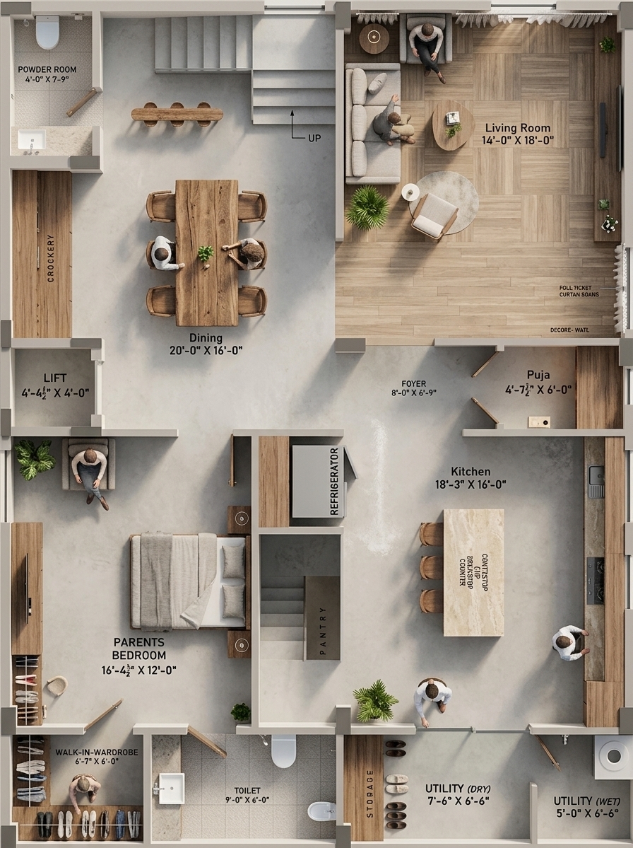 A top-down architectural photograph of the full floor plan visual layout under bright, clear midday summer sunlight. Intense, high-angle daylight streams through outer windows and openings, casting short, crisp shadows alongside internal walls and creating vibrant patches of light across the floors. The lighting feels crisp and atmospheric with a cool 5600K color temperature balanced by warm interior finishes. Every material reflects physical reality, featuring subtle grain on wooden dining tables and cabinets, plush matte fabric textures on bed linens and soft seating, pristine stone counters in the kitchen, and matte ceramic tile grid lines in the utility and bathroom areas. Captured on a professional medium-format camera in an orthographic top-down perspective with razor-sharp detail across the frame, the image displays natural imperfections including soft ambient occlusion in room corners, faint specular glints off polished surfaces, micro-textures on painted walls, a touch of natural lens vignetting at the outer boundaries, and light photographic film grain.