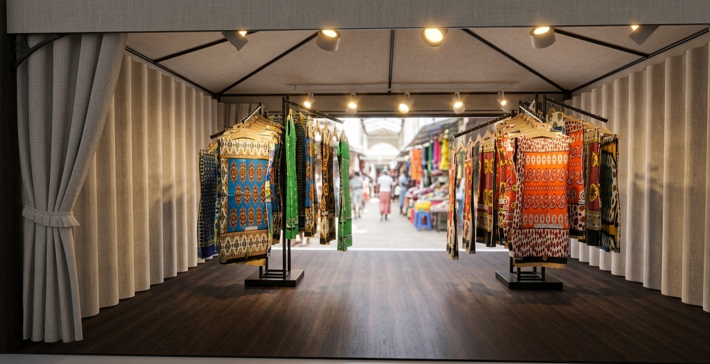 A professional interior photograph of the boutique display tent, maintaining the exact layout, geometry, and camera angle of the original image. The overhead track lights and spotlight fixtures are fully turned on, casting realistic warm spotlight beams that illuminate the displayed garments on both metal racks, creating soft, focused pools of light and gentle ambient shadows on the dark wood floor below. The garments are rendered as authentic East African Leso fabrics, showcasing vibrant, crisp printed patterns with traditional geometric borders, Swahili motifs, and detailed cotton weave micro-textures visible under the warm illumination. The off-white pleated curtains along the side walls exhibit heavy, realistic linen drapery with soft shadow folds, while the dark wooden floor planks display a subtle satin finish with quiet specular reflections from the lights above. Shot on a full-frame camera with a 35mm prime lens at f/4, the scene features accurate light decay, delicate lens vignetting, natural fabric drape, and refined material physics, producing a polished, authentic photograph.