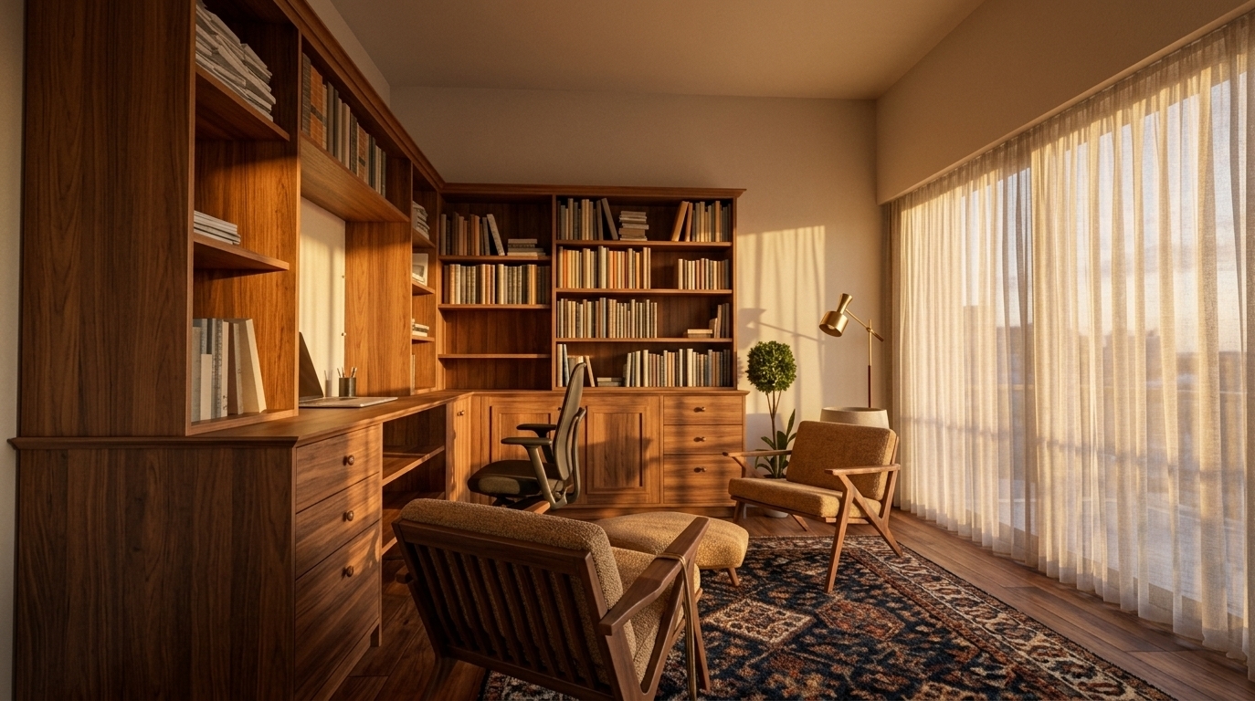 An incredibly lifelike, richly detailed, photorealistic eye-level interior photo of a mid-century modern study room set in a sophisticated urban residence. The scene is illuminated by warm, golden sunset light streaming through floor-to-ceiling sheer curtains, creating a serene, comfortable, and inviting atmosphere. Captured with a 24mm architectural lens, emphasizing the organic grain of custom teak and walnut furniture, tactile armchair upholstery, and dramatic slatted light patterns dappling the wooden surfaces. 

This timeless, clutter-free space features sleek L-shaped built-in walnut bookcases and an integrated desk, thoughtfully filled with photography books, curated literature, and subtle mid-century decor in shades of earth tones, warm oranges, and muted blues. Iconic retro armchairs with organic wood frames rest on a plush, dark patterned rug, providing a functional yet relaxed seating area. A manicured potted indoor plant stands in the corner next to a refined accent piece, perfectly complementing the simple, linear design and retro elegance of this tranquil workspace.
