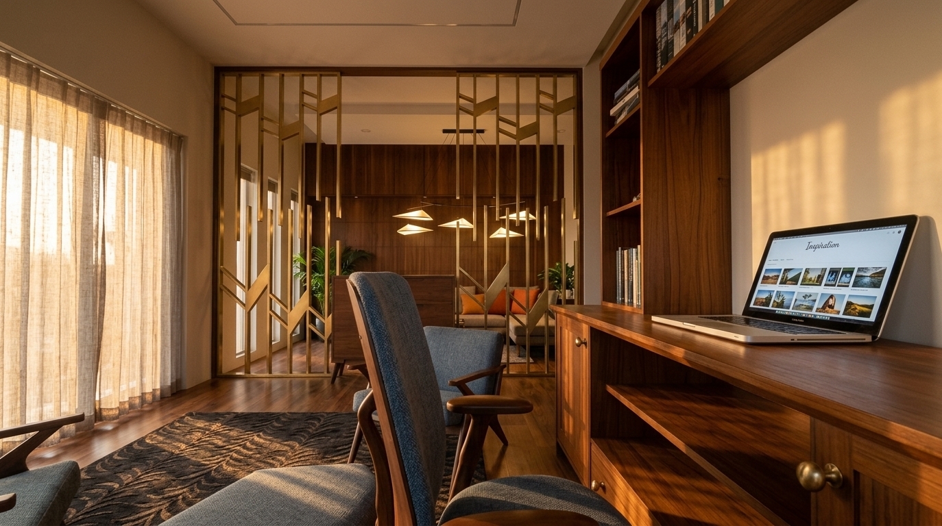 An incredibly lifelike, richly detailed, photorealistic interior photo of a mid-century modern study room set in a modern residential home. The scene is illuminated by the warm, golden glow of a low-angled sunset filtering through soft, sheer window drapes, creating a cozy, serene atmosphere. Captured with a 35mm architectural lens, emphasizing rich teak and walnut wood grains, geometric brass partition detailing, and tactile fabric textures. A streamlined teak desk and integrated shelving unit showcase clutter-free surfaces, neatly holding photography books and a sleek, modern laptop. Across the polished floor, long warm shadows stretch over a patterned dark area rug, complementing iconic mid-century armchairs with sculpted wooden arms. Beyond the elegant geometric screen, an adjacent lounge area is subtly revealed with muted blues, warm orange accents, indoor greenery, and a contemporary floating mobile chandelier, completing this timeless and functional sanctuary.
