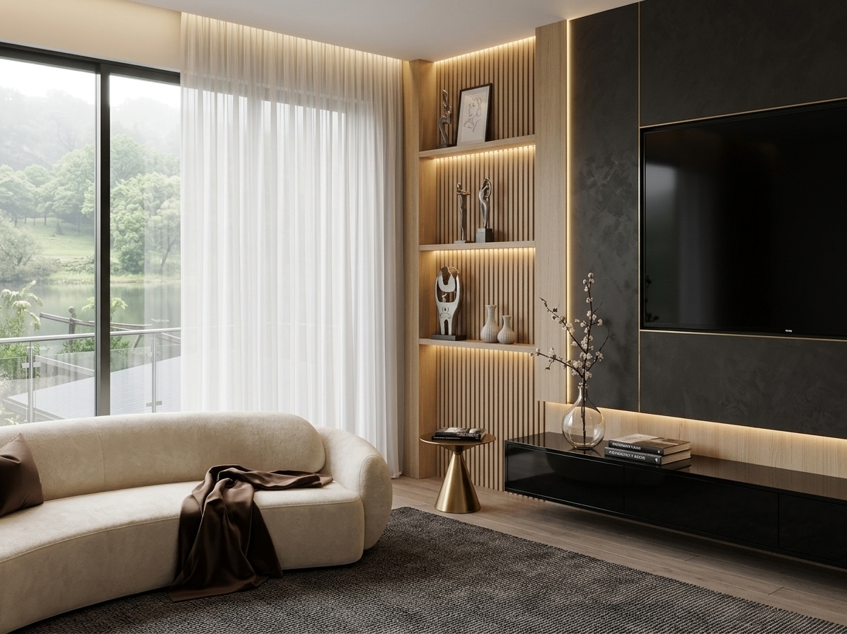 An incredibly lifelike, richly detailed, photorealistic eye-level interior shot of a lavish Art Deco-inspired living room set in a high-rise sanctuary overlooking a serene lakeside landscape. The scene is illuminated by soft, diffused daylight filtering through delicate sheer curtains and warm integrated gold LED cove lighting, creating a sophisticated and opulent atmosphere. Captured with a 35mm architectural lens, emphasizing the subtle textures of fluted wood, high-gloss lacquered surfaces, brushed brass, and plush tactile upholstery.

To the left, a gracefully curved sofa in cream fabric is draped with a deep brown silk throw, resting upon a rich charcoal textured area rug. Floor-to-ceiling glass doors open up to a tranquil, misty landscape, framed by sweeping floor-length white drapes. The main feature wall showcases vertically slatted pale wood panels paired with a slim gilded brass inlay, mounted over a dark Venetian plaster background. Recessed floating shelves radiate a subtle warm glow, displaying geometric Art Deco sculptures, ceramic vases, and framed graphic line art. Mounted centrally, a sleek black television sits above a low-profile floating media console finished in jet-black lacquer, styled with photography books and a slender glass vase holding delicate branches. Nestled nearby, a conical brass pedestal side table adds a touch of chic, sculptural extravagance to the corner space.