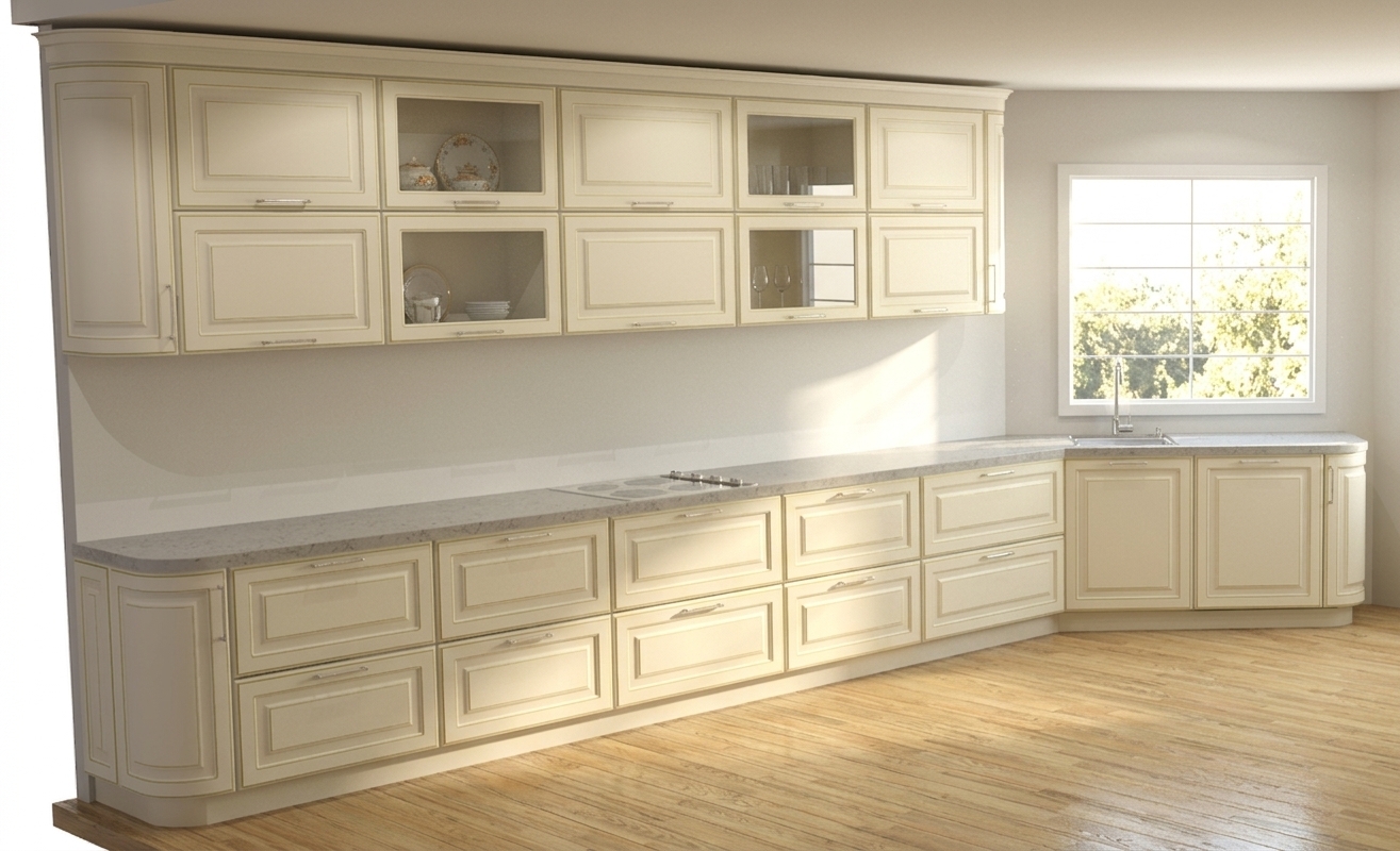 A wide-angle interior photograph of the kitchen captured in bright, hot midday summer daylight streaming in through the window on the right. Warm, clean daylight illuminates the room, casting natural soft shadows beneath the upper cabinetry and highlighting the continuous grain and subtle satin finish of the light blonde oak wood floorboards. The cream-painted cabinet doors showcase a smooth satin finish with refined, subtle metallic gold trim accenting the molded details, reflecting soft ambient light. The polished light-grey quartz countertop features realistic, subtle mineral speckles and micro-reflections from the stainless steel stove burners, sink fixture, and cabinet hardware. The glass panels on the upper cabinets have gentle refractions and soft interior shadows, while the plain walls exhibit realistic matte paint texture with subtle ambient occlusion along the ceiling and corners. Captured with a wide-angle lens, the image displays natural photographic depth, crisp focus across the composition, faint peripheral vignetting, and microscopic surface imperfections that give the entire space an authentic, living photograph quality.