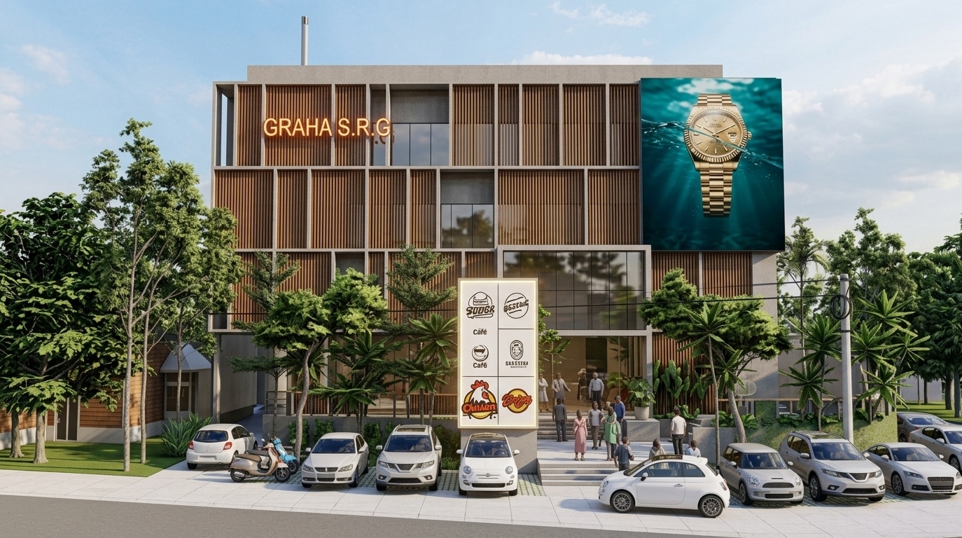 An incredibly lifelike, richly detailed, photorealistic wide-angle architectural photo of a modern multi-story commercial complex titled "GRAHA S.R.G" set in a lush, sunlit urban environment. The scene is illuminated by bright, clear midday daylight, creating a crisp, vibrant atmosphere. Captured with a professional 35mm architectural lens, emphasizing the warm texture of vertical timber louvers, polished glass reflections, and vivid vehicle finishes. 

The building displays a grid-like concrete structural frame accented by sleek vertical wooden slats and screens that offer shade and texture. On the top right, a massive high-definition advertising display showcases a luxury gold watch floating in clear water, while the top left presents prominent orange neon-style lettering reading "GRAHA S.R.G." At ground level, a tall illuminated totem sign lists various cafe and dining options leading toward a multi-tiered concrete entrance where pedestrians gather. The foreground features a bustling, paved parking lot occupied by an array of colorful compact cars and scooters resting adjacent to manicured green turf, while dense tropical foliage and mature shade trees border the property under a soft, cloud-dappled blue sky.