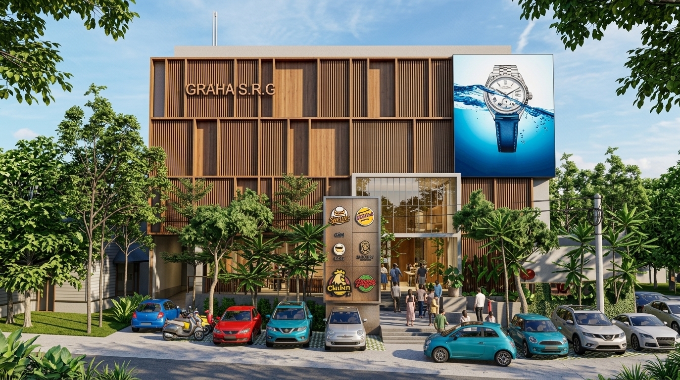 An incredibly lifelike, richly detailed, photorealistic eye-level wide-angle architectural shot of the "GRAHA S.R.G" commercial hub set in a vibrant, lush tropical urban environment. The scene is illuminated by bright, clear daytime sunlight casting crisp geometric shadows, creating an inviting, sophisticated, and modern atmosphere. Captured with a 35mm tilt-shift architectural lens, emphasizing the rich tactile grain of the vertical timber louvers, dynamic reflections on glossy car finishes, and the crisp graphic clarity of the tenant directory and high-definition advertisement billboard.

The building's contemporary facade features a striking grid of warm vertical wooden slats on the upper floors, balancing sun-shading functionality with a refined, streamlined aesthetic. To the top right, a massive luxury watch advertisement adds a splash of vibrant blue, while top-left bronze dimensional lettering proudly displays "GRAHA S.R.G." At ground level, a grand central glass atrium entrance welcomes visitors up broad, low-rise concrete steps, where diverse pedestrians move through the space. A sleek vertical directory totem showcases charming food and beverage brand logos, adding functional charm to the entrance forecourt. The parking bay in front is populated with a neat row of contemporary vehicles in vivid shades of blue, red, turquoise, and silver alongside colorful motor scooters, parked on textured permeable pavers. Lush green foliage, mature leafy trees, and manicured grass seamlessly frame the perimeter under a vast blue sky brushed with soft, wispy clouds, completing a polished, high-end commercial visualization.