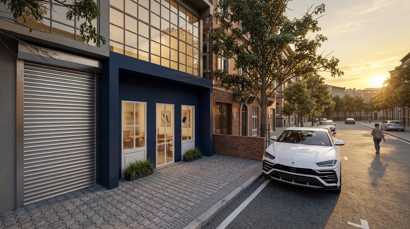 An incredibly lifelike, richly detailed, photorealistic wide-angle street-level architectural photo of a modern minimalist coffee shop storefront set in an elegant European urban context. The scene is illuminated by the low, radiant light of a golden sunset casting long, warm shadows across the pavement, creating a serene and inviting atmosphere. Captured with a 24mm tilt-shift full-frame lens, emphasizing the gleaming metallic shutter, textured interlocking gray paving stones, deep navy façade, and translucent mullioned glass panels. Adjacent to a reflective metallic roll-up door, the boutique coffee house presents a sleek navy front with three white multi-pane frosted glass doors flanked by minimalist planters with lush green grasses. A pristine white luxury vehicle rests along the curb under the shade of mature street trees, framed by historic brick facades in the background. Inside, the space unfolds as a serene minimalist haven bathed in muted shades of white, gray, and subtle pastels, complete with sleek metal and wooden furniture, streamlined surfaces, abstract wall art, and uncluttered, zen-inspired decor.