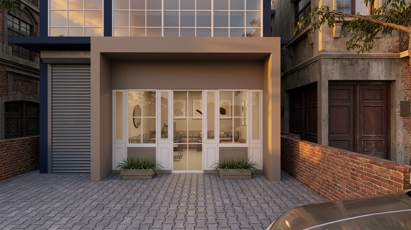 An incredibly lifelike, richly detailed, photorealistic eye-level exterior shot of a boutique coffee shop designed as a minimalist haven, set in a quiet urban alleyway framed by classic architectural facades. The scene is illuminated by the warm, golden glow of a late-afternoon sunset, casting soft reflections on glass surfaces and creating a serene, inviting atmosphere. Captured with a professional 35mm lens, emphasizing the contrast between the bold deep-navy accent wall, smooth taupe portal framing, rustic red-brick retaining walls, and crisp grey interlocking paver ground texture. Through the elegant, white-mullioned glass doors, the interior subtly reveals a streamlined, uncluttered layout adorned in shades of white, gray, and subtle pastels, complete with sleek metal and wooden furniture, minimalist decor, abstract wall art, and photography books set upon clean surfaces, beautifully complemented by refined indoor planter accents framing the entryway.