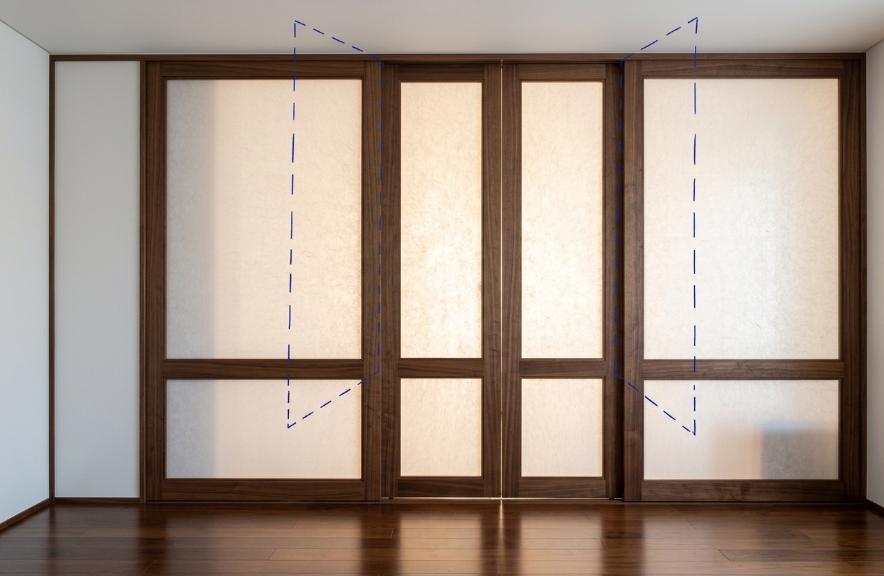 An incredibly lifelike, richly detailed, photorealistic wide eye-level shot of a traditional Japanese Zen bedroom partition set in a tranquil modern interior on a sunny spring midday. The scene is illuminated by soft, radiant light pouring from the bedroom behind the front wall, casting a warm, glowing diffuse radiance through the translucent rice paper panels and creating a serene, meditative atmosphere. Captured with a professional 35mm lens, emphasizing the smooth natural grain of dark timber frame craftsmanship and the fine organic textures within the white rice paper screens. A polished dark wood floor stretches across the foreground, subtly reflecting the gentle ambient glow, while pristine white side walls and a clean white ceiling seamlessly frame the architectural structure. In the center, the elegant double doors—built from rich dark wood and taut rice paper—stand beautifully illuminated from behind, highlighting the subtle depth, balance, and peaceful minimalism of the space.