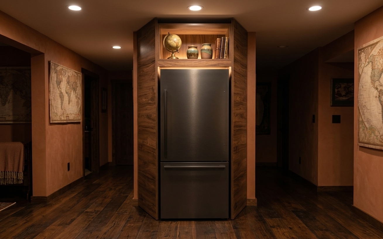 An incredibly lifelike, richly detailed, photorealistic eye-level interior shot of a custom kitchen cabinet enclosure set in a cozy, Traveler's Trove-styled kitchen. The scene is illuminated by warm, dim overhead ambient lighting and soft, under-shelf warm LED accents, creating an intimate, inviting autumn night atmosphere. Captured with a 50mm f/1.8 lens, emphasizing the rich walnut melamine wood grain texture, precise joinery, and the sleek, matte charcoal-brushed stainless steel finish of the integrated counter-depth refrigerator fitted perfectly into the tall opening. The upper open cubby shelf displays curated worldly mementos—a small brass globe, handcrafted ceramic travel jars, and a few vintage leather-bound journals—enhancing the rich, globally inspired autumn palette. Subtle reflections softly glint off the metallic refrigerator door handles, while crisp, natural shadows add realistic depth to the surrounding warm terracotta walls and dark hardwood floor.