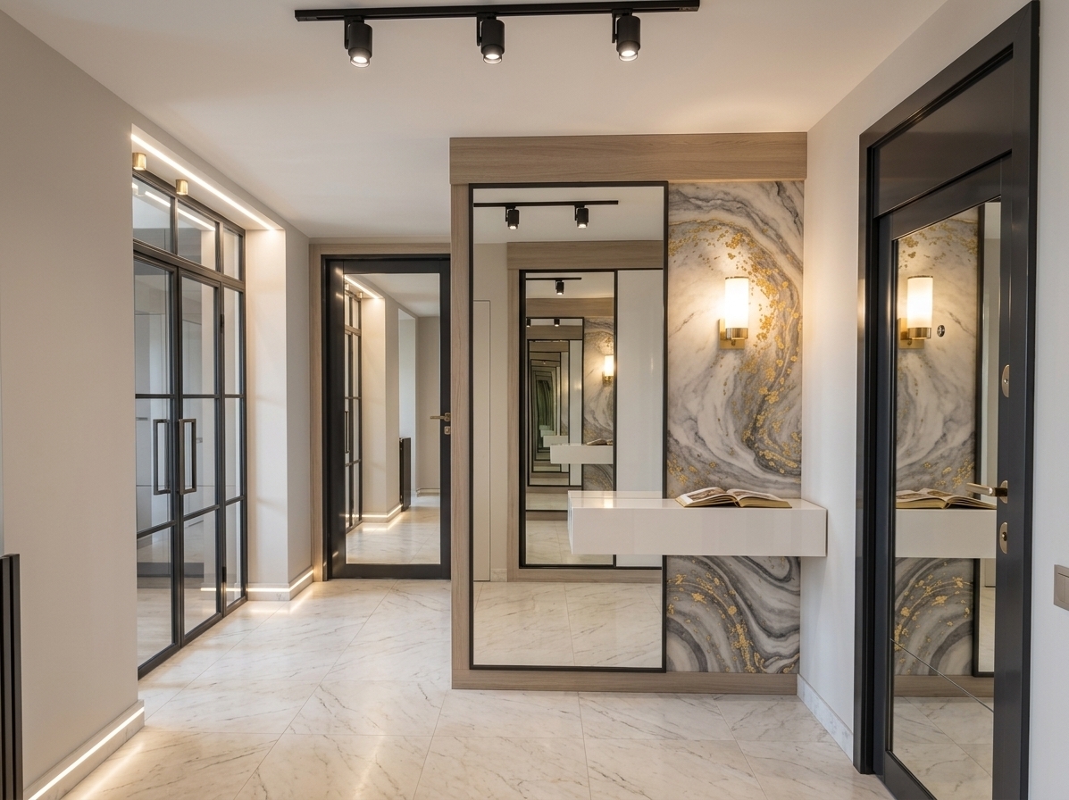An incredibly lifelike, richly detailed, photorealistic wide-angle interior photo of a luxurious Art Deco foyer set in a high-end urban apartment during a bright spring midday. The scene is illuminated by soft natural ambient light blended with warm, inviting wall sconces and dramatic matte black ceiling spotlights, creating an opulent, chic, and extravagant atmosphere. Captured with a 35mm wide-angle lens, emphasizing mirror reflections, highly polished marble textures, and rich gilded details, the composition centers on a striking feature wall clad in grey-and-gold swirling marble wall art. A cylindrical brass-trimmed sconce lights the gilded patterns above a sleek, white lacquered floating console adorned with a open coffee-table photography book. To the left, industrial-chic black metal-framed glass doors reflect the luminous cream marble floor tiles, while top and bottom recessed LED lights cast a gentle, tailored glow against the sleek mirrored wardrobe doors and surrounding charcoal trim, complete with subtle jewel-toned accents and modern Art Deco ornamentation.