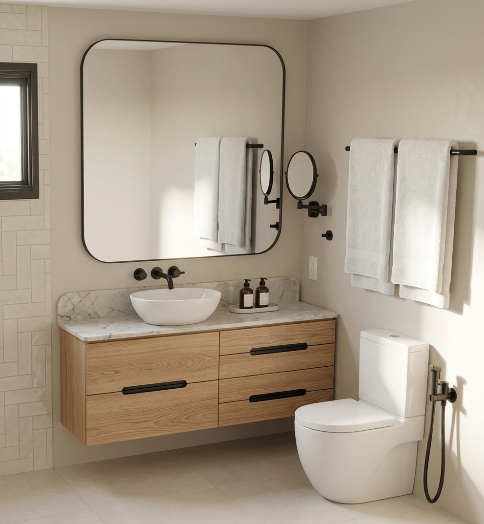 An incredibly lifelike, richly detailed, photorealistic interior photo of a modern bathroom set in a serene contemporary residence during spring. The scene is illuminated by soft, bright midday sunlight streaming from an adjacent window, creating a calm, minimalist haven atmosphere. Captured with a 35mm architectural lens, emphasizing the delicate veining of the Taj Mahal quartzite countertop, the warm grain of the light wood floating cabinet, and the sharp contrast of matte black hardware. Centered on the light sand-toned main wall, a large rounded mirror framed in matte black reflects soft ambient light above a white ceramic vessel sink equipped with a wall-mounted matte black faucet. To the right, a sleek white porcelain toilet sits on a light matte porcelain tile floor, accented by a matte black bidet sprayer and a matching black double towel bar holding soft white towels. Subtle cream herringbone wall tiles on the left edge add texture to the space, bringing an effortless sense of refined, spa-like luxury.