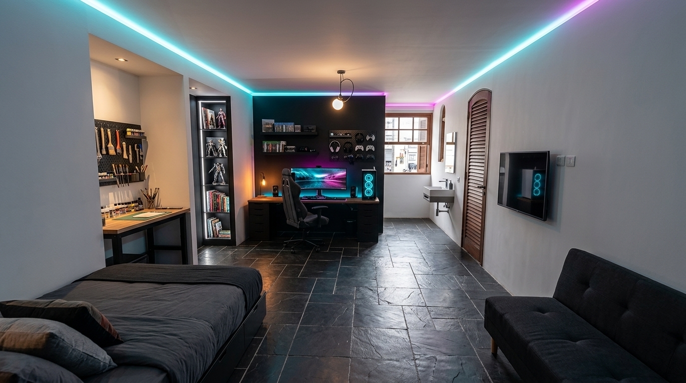 An incredibly lifelike, richly detailed, photorealistic wide-angle interior shot of a masculine cyber eclectic fusion bedroom set in a modern apartment layout. The scene is illuminated by hidden ceiling perimeter LED strip lighting radiating cool cyan and deep magenta hues alongside focused warm desk lights, creating an energetic yet cozy atmosphere. Captured with a full-frame 24mm f/2.8 wide-angle lens, emphasizing the raw texture of the original dark slate tiled floor, matte black accents, and glowing gaming hardware. Unaltered white walls frame the original louvered dark wood door and back window, while key functional zones transform the space without altering structural walls: near the front left, a low-profile modern bed with dark gray linens rests comfortably; further down the left niche, a custom atelier workbench features a wall-mounted pegboard holding art tools and paint bottles; adjacent in the secondary recess, a sleek backlit bookcase displays organized books and collector action figures. The far back wall is painted a striking matte black, accommodating a state-of-the-art gaming setup with a glowing PC tower and ultrawide monitor, flanked by floating book shelves, a wall panel organizing headsets and controllers, and an ergonomic gaming chair angled 90 degrees to the wall. To the right, a versatile dark fabric sofa-bed faces a large wall-mounted flat-screen television, while a compact, modern masculine vanity sink rests near the natural daylight of the back window.