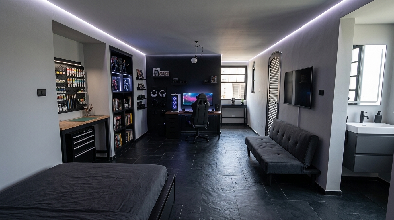 An incredibly lifelike, richly detailed, photorealistic wide-angle interior shot of a dark cyber eclectic male bedroom and creative studio set in a modern apartment layout. The scene is illuminated by subtle ceiling perimeter LED strip lighting that casts a soft, futuristic ambient glow along the crown moldings, complemented by gentle daylight streaming through the far window, creating a moody, high-tech, and inviting atmosphere. Captured with a 24mm f/2.8 prime lens, emphasizing the rich, velvety texture of natural dark slate floor tiles, smooth matte surfaces, and finely detailed gaming hardware. In the first deep wall niche on the left, a dedicated creative atelier workbench features a custom pegboard panel packed with neatly arranged paint tubes, brushes, and crafting tools. In the adjacent niche, a tailored tall bookshelf is arrayed with graphic novels, books, and backlit action figure collectibles. The central back wall is painted in a striking matte black accent finish, anchoring an ultra-modern gaming setup complete with a glowing PC tower, an ultra-wide monitor, and a high-performance gamer chair positioned at a precise 90-degree angle to the wall, surrounded by floating wall shelves and a dedicated accessory rack displaying wireless headsets and joysticks. Along the right wall, a sleek dark grey sofa-bed offers flexible seating beneath a flush wall-mounted smart television. In the immediate foreground left, a low-profile platform bed styled with layered charcoal linens defines the sleeping quarters, while near the far window alcove, a stylish, modern vanity sink with a matte black faucet adds an urban, functional finishing touch to the room.