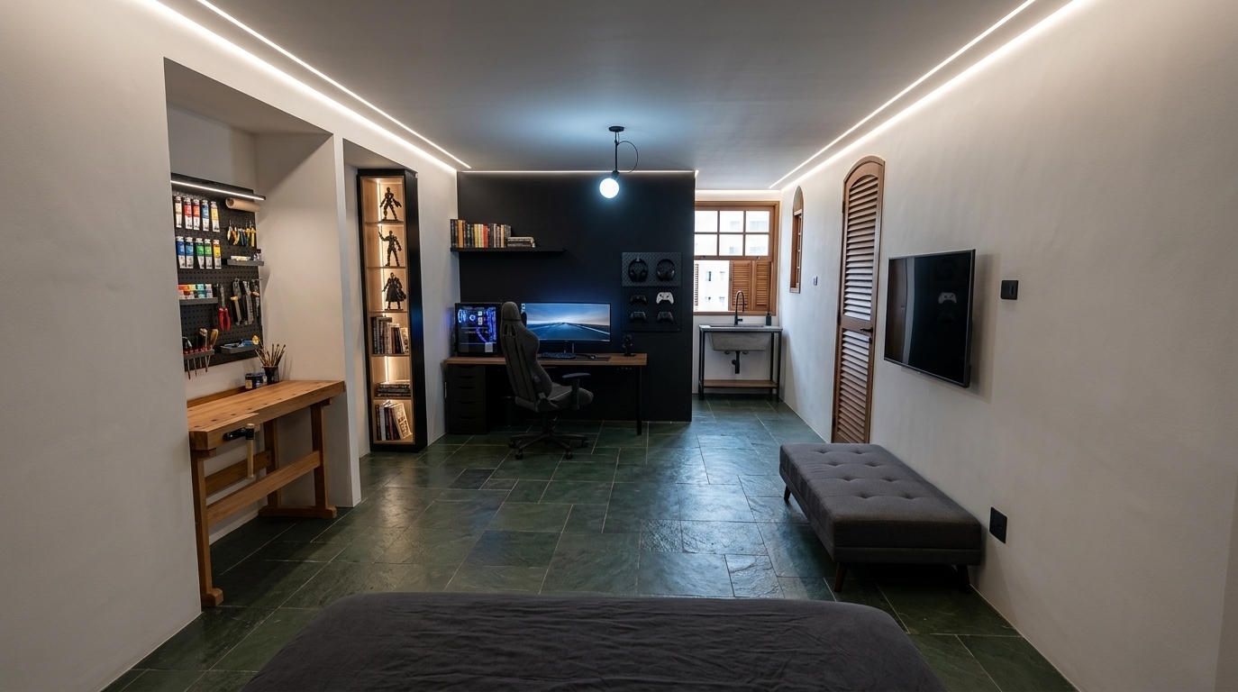 An incredibly lifelike, richly detailed, photorealistic wide-angle shot of a cyber-eclectic multi-functional bedroom set in a modern urban apartment. The scene is illuminated by natural light filtered through the back window and a crisp, continuous line of 4000K neutral white LED architectural lighting running along the ceiling edges, creating a dynamic, focused, and moody atmosphere. Captured with a 24mm wide-angle lens, emphasizing the rich, honed texture of natural dark green slate tile flooring, smooth white plaster walls, and bold matte black accents. In the first recessed alcove on the left, a streamlined creative studio workspace features a solid wood workbench backed by a heavy-duty pegboard organized with paint tubes, brushes, and specialized crafting tools. Next to it in the second niche, a tall minimalist bookcase proudly displays structured rows of art literature and illuminated collectible action figures. The main far wall is painted a deep matte black, hosting a dedicated high-tech gaming station complete with a curved ultrawide monitor, custom liquid-cooled PC tower, floating wall shelves laden with books, a wall-mounted display panel hanging wireless headsets and game controllers, and an ergonomic gaming chair set at a sharp 90-degree angle to the wall. Opposite this, a cozy modern sofa-bed sits across from a sleek wall-mounted flat-screen television on the right wall, while a comfortable bed dressed in charcoal linens occupies the immediate foreground. Near the bright back window, a stylish industrial artist's utility sink with a matte black tall faucet provides practical convenience while blending effortlessly into this creative sanctuary.
