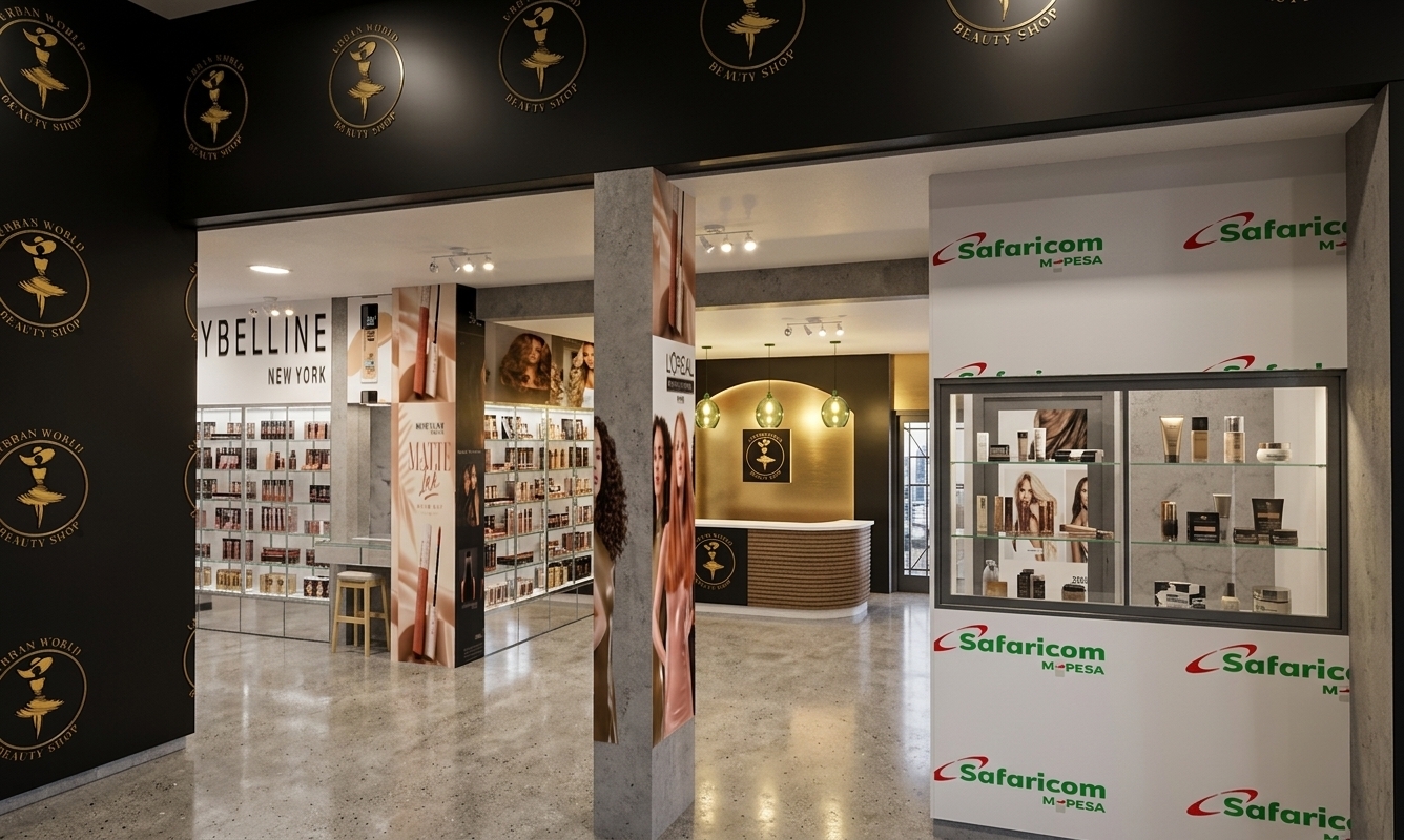 A professional architectural photograph of a modern beauty shop interior, strictly maintaining the exact composition, perspective, and layout. Matte black walls display subtle metallic gold foil branding, while the floor consists of polished, seamless white poured concrete with faint, realistic reflections and minor surface scuffs. Warm 3000K interior track lights and glowing shelf accents cast soft, natural ambient illumination across the wood-paneled reception desk and branded displays. Captured with a 24mm wide-angle lens, the scene features realistic photo imperfections including delicate lens vignetting, subtle chromatic aberration, glass smudges, and natural shadow gradations.