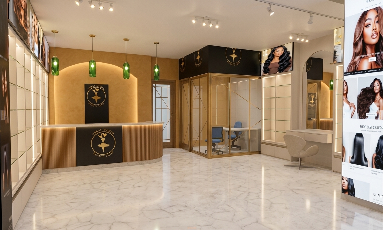 A professionally captured interior architectural photograph of a modern contemporary beauty shop named Urban World Beauty Shop located inside an upscale mall. Shot on a 24mm wide-angle lens at f/8, the image maintains the exact original framing, layout, camera height, and perspective. The clean matte white ceiling is fitted with sleek black track lights casting warm, directional spotlights down onto the polished white marble tile floor with delicate grey veining and soft ambient reflections. On the left, a curved vertical-slatted natural wood reception desk features a satin black center panel with an embossed metallic gold logo, illuminated by green pendant lights hanging from above and backed by a warm ochre arched accent wall. To the right of the desk, a transparent glass-enclosed consultation office framed in warm metallic trim houses blue fabric office chairs and a white desk. Softly backlit white display shelves and crisp promotional model portraits line the side walls, filling the space with layered, realistic interior light, subtle glass reflections, soft shadows, and hyper-realistic material micro-textures that produce an authentic, high-end commercial retail atmosphere.