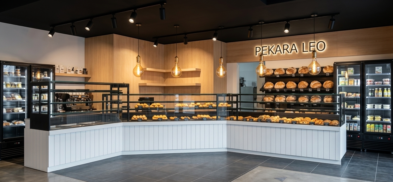 An incredibly lifelike, richly detailed, photorealistic wide-angle interior photo of a modern fusion bakery and coffee shop set in an open-concept urban space. The scene is illuminated by a combination of sleek, matte-black track spotlights and warm, golden-glowing filament pendant lamps suspended from a jet-black ceiling, creating a sophisticated yet inviting atmosphere. Captured with a professional 24mm architectural lens, emphasizing the natural warmth of light oak wood paneling, the crisp texture of white vertical-slat counter facades, and the sleek reflections across glossy glass display cases. 

At the heart of the layout, a long, angular service counter anchors the space, displaying freshly baked artisanal bread and golden pastries beneath multi-tiered industrial-style black steel frames. Behind the counter, smooth blonde-wood accent walls host minimalist floating corner shelves and bold, backlit branding reading "PEKARA LEO," complemented by dark slate floor tiles and sleek double-door black commercial refrigeration units framing the perimeter. Clean geometric lines, smooth metallic surfaces, and warm wooden accents seamlessly blend industrial charm with a dynamic, contemporary aesthetic.