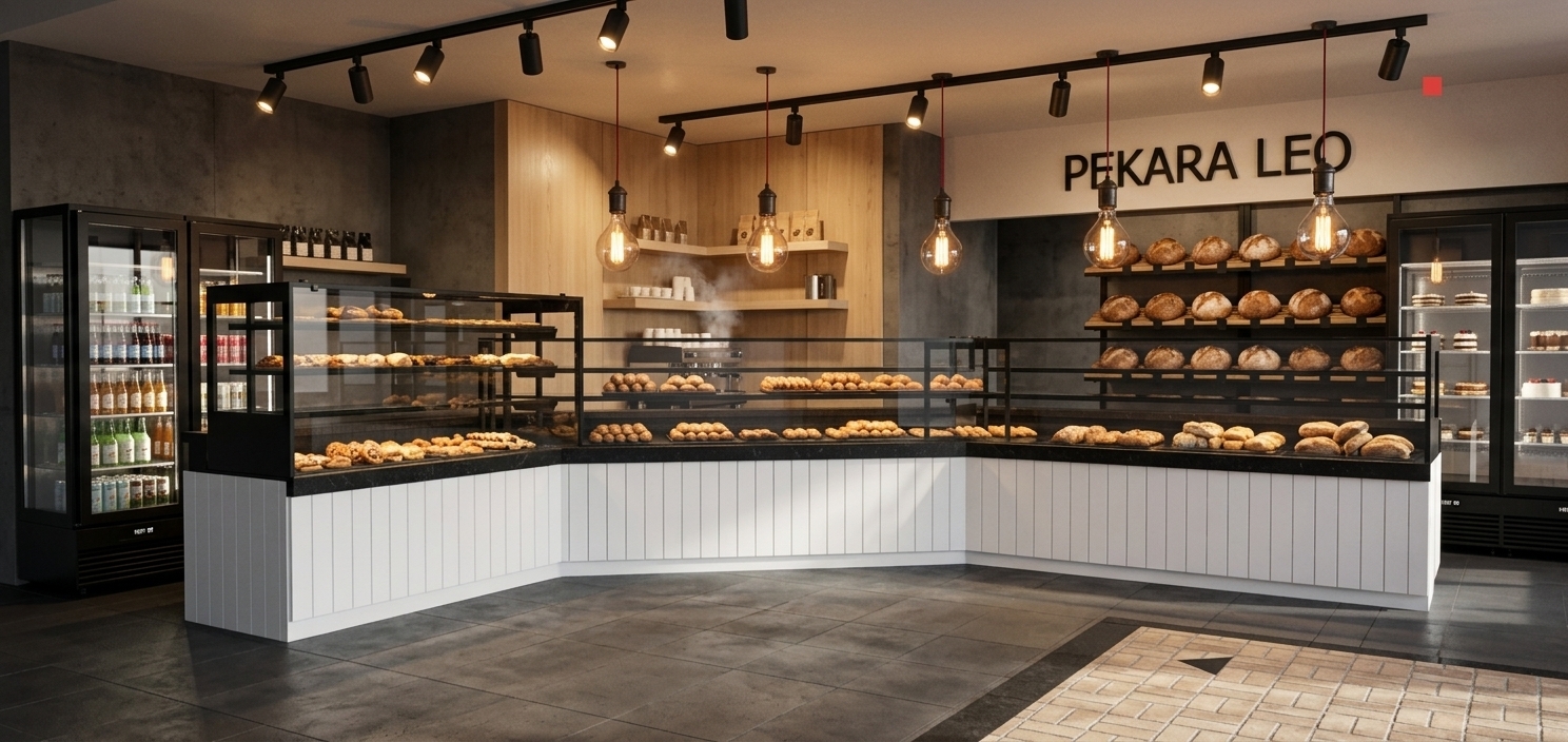 An incredibly lifelike, richly detailed, photorealistic wide-angle interior photo of a modern artisan bakery and coffee shop set in a spacious urban industrial loft. The scene is illuminated by glowing Edison pendant bulbs and warm directional track lighting, creating an inviting, cozy, and sophisticated atmosphere. Captured with a professional full-frame camera using a 24mm tilt-shift lens, emphasizing the rich contrast between natural wood grain textures, ultra-clear glass reflections, and matte black steel finishes.

The focal point is an expansive, multi-angled service counter featuring crisp white vertical beadboard cladding topped with dark, polished countertops. Black-framed glass display cases showcase an array of freshly baked golden pastries, artisanal rolls, and crusty loaves arranged on floating light-wood shelves against light-toned timber wall panels. High overhead, exposed track spotlights and industrial bulb pendants with red cord accents cast soft, dramatic shadows across dark concrete floor tiles and brick-patterned flooring. Clean-lined black refrigerated units seamlessly flank the sides, while subtle metallic tones and raw, warehouse-inspired architectural elements deliver a refined yet rugged urban aesthetic.