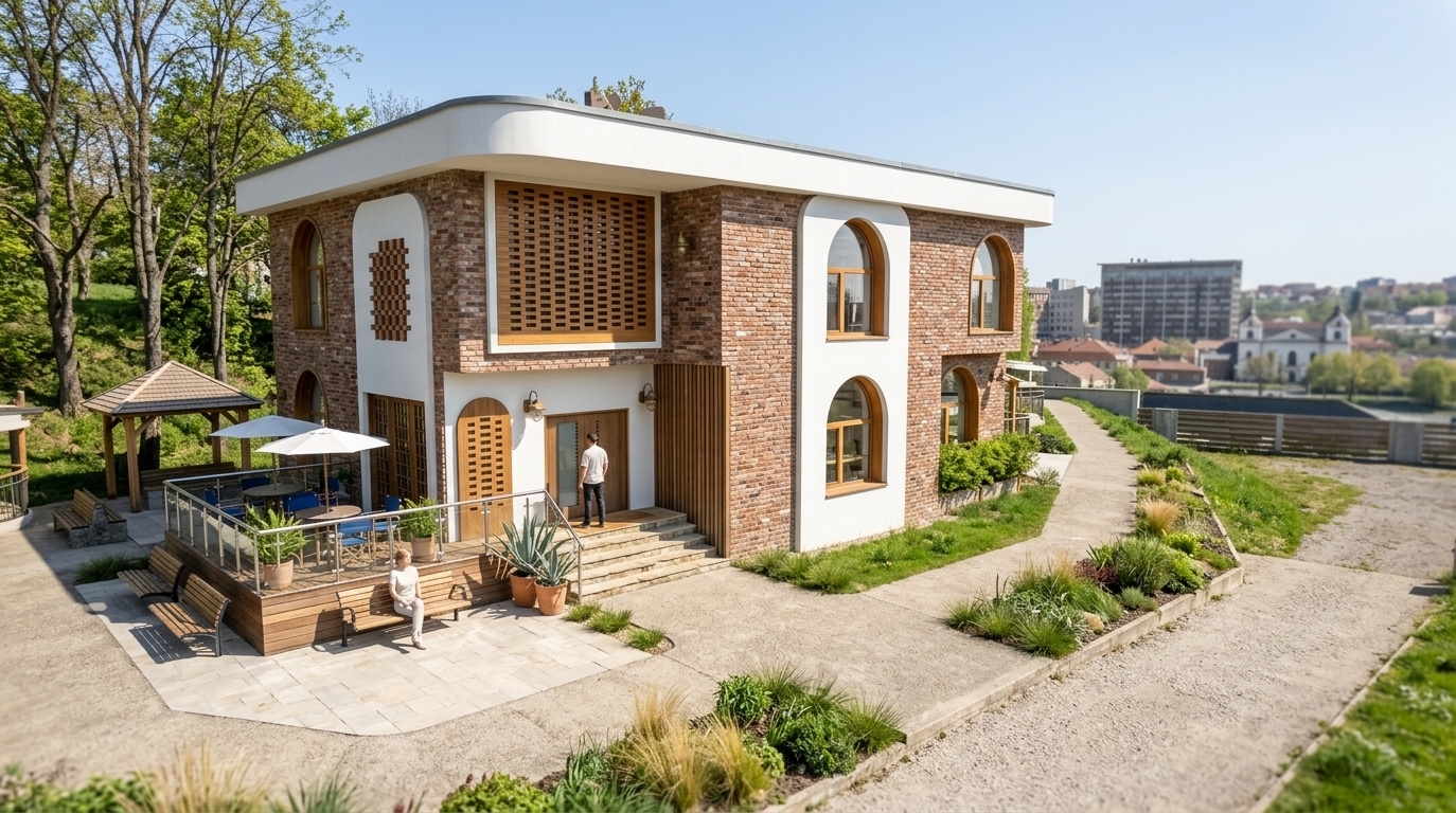 An incredibly lifelike, richly detailed, photorealistic high-angle exterior shot of a modern industrial loft workshop building set in a hillside urban environment overlooking a historic cityscape. The scene is illuminated by brilliant, clear midday spring sunlight casting crisp, defined shadows, creating a dynamic and inviting atmosphere. Captured with a professional 24mm tilt-shift architectural lens, emphasizing tactile red-brown brick masonry, warm teak-framed arched windows, and fine exterior textures. The building's main facade features exposed, weathered brick walls balanced by sleek white render accents and decorative geometric brise-soleil screens. The outdoor terrace is paved with realistic light stone tiles and rich timber decking, fitted with polished stainless-steel guardrails, vivid blue patio chairs, white canvas umbrellas, and detailed potted flora. Surrounding the building, lush spring grass with fine individual blades, realistic bark-textured trees, and a warmly finished wooden gazebo add vibrant natural textures, while large arched windows reveal an airy, double-height industrial loft interior equipped with rustic workshop furnishings.