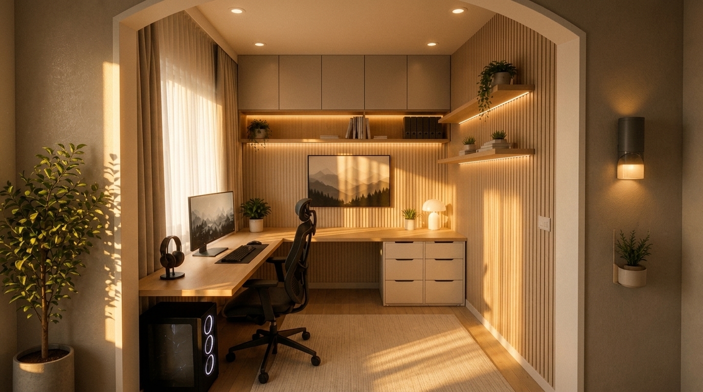 A realistic interior architectural photograph of the home office alcove viewed through the framed archway, maintaining the exact layout, geometry, and composition of the scene. Warm golden-hour sunset light streams softly through the left window and sheer curtains, casting long, low-angled shadows across the light oak desk surface, vertical wood slat wall, and beige area rug. The interior LED strip lighting under the shelves and upper cabinets emits a cozy warm-white glow, creating a harmonious interplay between the rich orange outdoor sunlight and warm ambient indoor lights. The photograph captures authentic surface physics, displaying fine wood grain details, subtle reflections on the computer screen and PC tower glass, delicate texture in the potted plant foliage, and faint micro-dust specs caught in the golden sunbeams. Shot on a 35mm lens at f/8, the image exhibits natural depth of field, gentle lens bloom around bright light sources, subtle edge vignetting along the outer arch frame, and fine photographic film grain to produce a genuine, unrendered photograph.