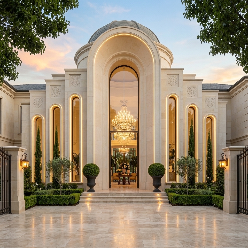 An incredibly lifelike, richly detailed, photorealistic eye-level exterior architectural shot of a grand luxury villa boasting French provincial elegance, set in a serene private estate surrounded by lush foliage. The scene is illuminated by the soft golden glow of sunset combined with warm, indirect cove lighting embedded along arched alcoves and the brilliant radiance of an opulent internal crystal chandelier, creating a romantic, inviting, and sophisticated atmosphere. Captured with a professional 35mm tilt-shift architectural lens, emphasizing the fine textures of carved cream limestone, polished travertine paving, and crisp geometric glass lines.

The architecture features a striking, perfectly symmetrical stepped facade crafted from smooth, warm-neutral cream stone with subtle carved patterns. A sequence of tall, slender arched windows cascades outward from a monumental central archway, each recessed opening outlined in continuous warm LED strip lights that cast a soft glow onto the surrounding masonry. 

Through the massive central glass facade, the eye is drawn deep into a grand foyer featuring high-end French-inspired decor, where a magnificent multi-tiered crystal chandelier cascades down multiple levels. Beyond the entrance doors, hints of vintage wooden and upholstered furniture, warm neutral tones, soft blues, and lush indoor plants create a cozy yet majestic interior ambience.

The pristine forecourt is paved in large-format, polished travertine tiles that subtly reflect the warm ambient lights and sunset sky above. A wide set of low stone steps with integrated riser lights leads up to dark-framed glass entry doors. Elegant, symmetrical landscaping framing the entrance includes neatly trimmed topiary spheres in dark vessel planters, slender vertical cypress trees anchoring the main arch, and delicate olive trees resting within manicured boxwood hedges. Flanking the forecourt, classic wrought-iron gates are anchored by stone pillars equipped with warm-glowing vintage lantern sconces, completing this exquisite portrait of architectural luxury and French country charm.