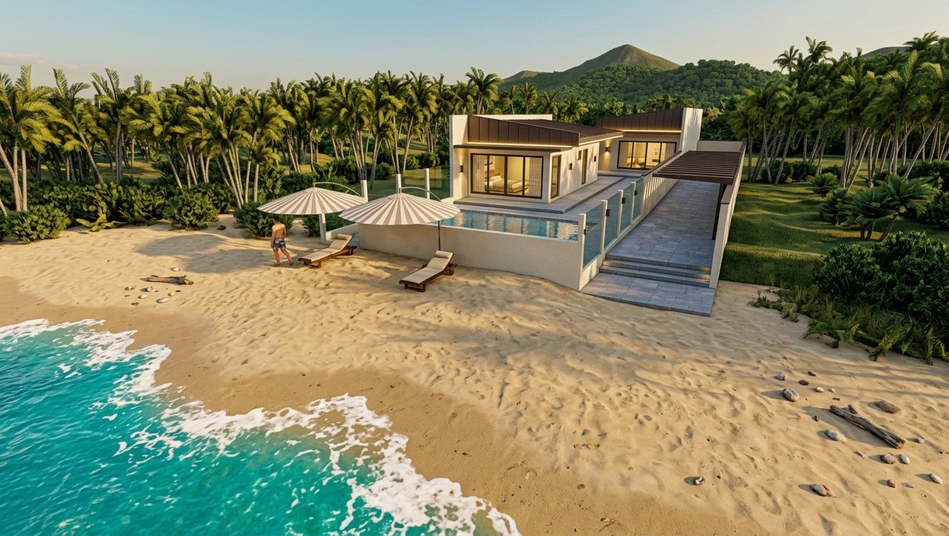 An incredibly lifelike, richly detailed, photorealistic wide-angle architectural photo of a modern beachfront villa set in a pristine tropical paradise. The scene is illuminated by soft late-afternoon sunlight, enhanced by warm accent wall lights mounted outside the buildings, recessed exterior ceiling lights beneath the roof overhangs, and elegant interior ceiling lights glowing invitingly through expansive glass windows, creating a serene, high-end atmosphere. Captured with a 24mm architectural lens, emphasizing the bold texture of the dark brown slanted roofs, clean off-white stucco walls, refined stone patio paving, and smooth glass railings. Designed as a luxury minimalist haven, the property features a sleek layout centered around a spacious outdoor pool area on an elevated terrace with striped sun umbrellas and loungers, stepping down to a golden sand beach where vibrant green ocean waves gently foam against the shore, all backed by a dense grove of tropical palm trees and rolling green hills.