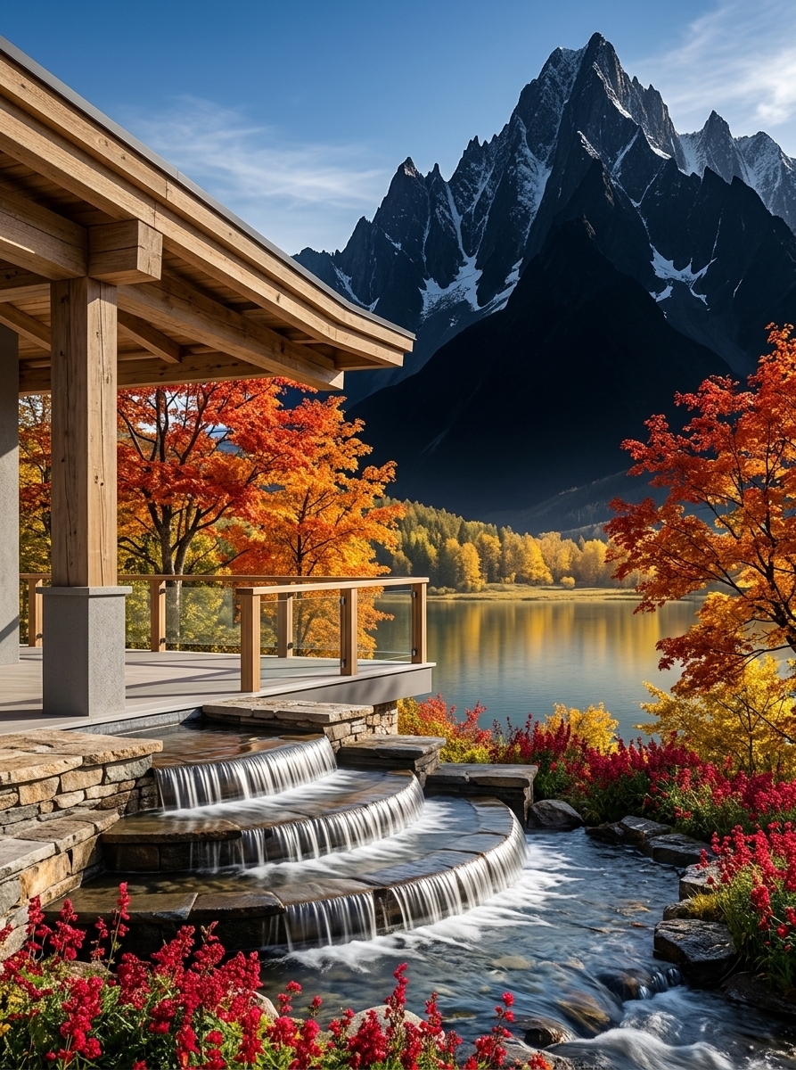An incredibly lifelike, richly detailed, photorealistic landscape photo of an outdoor patio mountain escape set in a picturesque alpine valley with a serene lake. The scene is illuminated by bright, golden autumn daylight filtering through colorful foliage, creating a tranquil, luxurious, and awe-inspiring atmosphere. Captured with a wide-angle 24mm lens at f/8, emphasizing the silky cascades of a terraced waterfall under a sheltered patio roof structure, the rustic texture of stone ledges, vibrant fiery-orange leaves, and the sharp, snow-dusted ridges of a dramatic mountain peak in the distance.

In the foreground, a multi-tiered waterfall pours gracefully over smooth, dark stone lips into a clear, rushing lower stream bordered by lush, crimson-red wild blooms. To the side, an elegant covered patio with exposed natural timber beams and a sleek terrace offers a sheltered viewing spot right over the edge of the water feature. Across the tranquil, glassy lake, vibrant orange and red maple trees frame the water's edge, contrasting against soft green lawns. In the far background, a majestic, jagged mountain peak dusted with pristine snow rises sharply against a clear, deep blue sky dotted with soft, wispy clouds, completing this ultimate mountain getaway retreat.