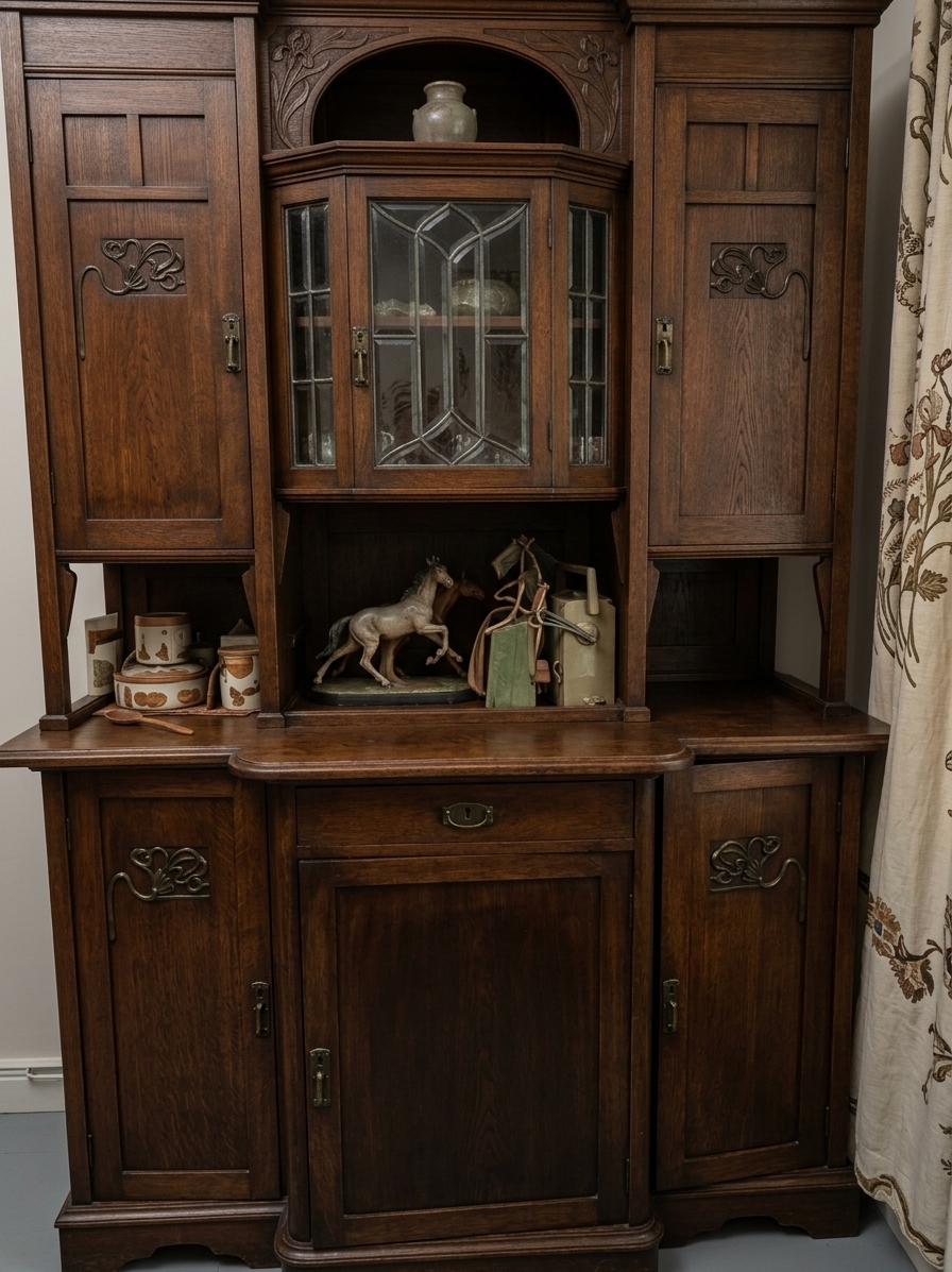 An incredibly lifelike, richly detailed, photorealistic straight-on elevation studio shot of a fully restored late 19th-century antique wooden buffet set in a neutral museum conservation room. The scene is illuminated by soft, multi-directional studio light with subtle highlights, creating a quiet, sophisticated, and authentic historical atmosphere. Captured with a professional medium-format camera and 90mm tilt-shift lens, emphasizing the rich tactile quality of aged dark oak grain, hand-rubbed shellac polish, and subtle time-worn patina. 

The centerpiece of this restoration project is the painstakingly recreated upper central niche, positioned perfectly above the faceted leaded-glass vitrine and framed seamlessly between the two tall, symmetrical side towers without altering the original furniture's geometry. Incorporating a classic Late Historicist structure, the niche features a gentle, shallow arch framed by slender molded cornices and recessed wood paneling. Overlaying this balanced form is a restrained Early Art Nouveau motif, featuring low-relief carvings of flowing iris stems and curved leaves that gracefully taper across the wood surface. Inside the niche, a smooth matching oak back panel houses a small, delicate display shelf holding a muted ceramic antique artifact. The deep walnut tone, texture, and natural patina of the new upper section flawlessly match the rest of the antique cabinet, presenting a harmonious, masterfully executed restoration that balances historical accuracy with exquisite craftsman detail.
