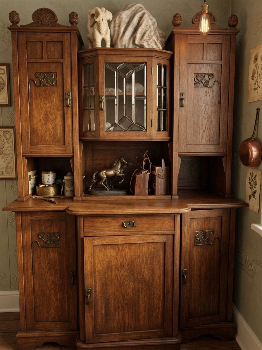An incredibly lifelike, richly detailed, photorealistic eye-level medium shot of a impeccably restored late 19th-century Art Nouveau oak buffet set in an atmospheric, eclectic traveler's trove kitchen interior. The scene is illuminated by golden morning sunlight filtering through soft linen sheer curtains alongside the warm glow of an overhead Edison pendant, creating a cozy, nostalgic, and sophisticated atmosphere. Captured with a 50mm f/1.8 lens, emphasizing the rich, hand-rubbed satin wood grain, warm patina, and delicate leaded glass details...

Standing as the grand centerpiece of the room, the restored antique sideboard features its original geometry perfectly preserved, now elevated by a newly reconstructed central upper niche that soars gracefully above the height of the two flanking side cabinets. Designed in authentic Art Nouveau style, this new crown section features a sweeping, parabolic arch embellished with hand-carved organic whiplash curves and stylized iris relief motifs that seamlessly echo the vintage carvings on the lower cabinet doors. 

Functionally designed for a collector, this elevated niche serves as an open, tiered display nook lined with fine oak back-paneling. It holds a curated collection of travel treasures—a polished antique brass carriage clock, vintage ceramic apothecary jars, and framed botanical parchment prints. The surrounding traveler's trove kitchen complements the majestic piece with warm terracotta tile flooring, muted sage plaster walls adorned with vintage framed maps, hung copper cookware, and open shelving filled with exotic tea tins and porcelain. The harmonious balance of height, architectural arching, and functional storage brings the historical piece back to its full, magnificent glory while honoring its rich heritage.