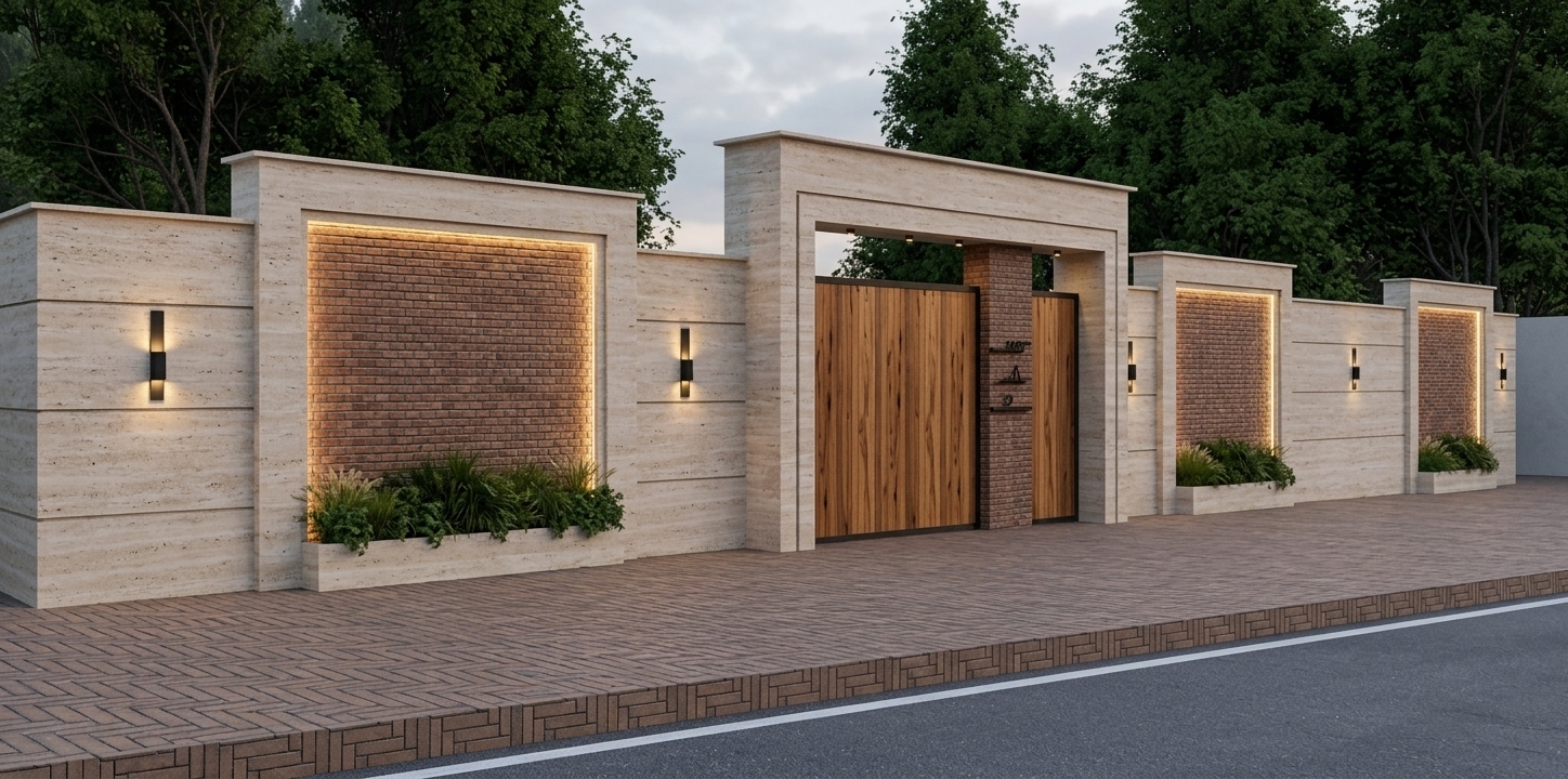 An incredibly lifelike, richly detailed, photorealistic wide-angle architectural exterior photo of a modern perimeter wall and grand entrance gate set in a serene mountain escape. The scene is illuminated by soft dusk ambient light enhanced by warm, integrated LED halo lighting around recessed red brick panels and modern black sconces, creating a warm, sophisticated atmosphere. Captured with a professional architectural camera fitted with a 35mm lens, emphasizing the tactile contrast of light-beige travertine marble cladding, textured brickwork, rich natural wood grain on the gate, and low-lying greenery in stone planters. In the foreground, a neatly paved herringbone sidewalk runs parallel to a crisp asphalt street, while a dense canopy of lush green forest trees rises high in the background beneath a soft, cloudy sky.