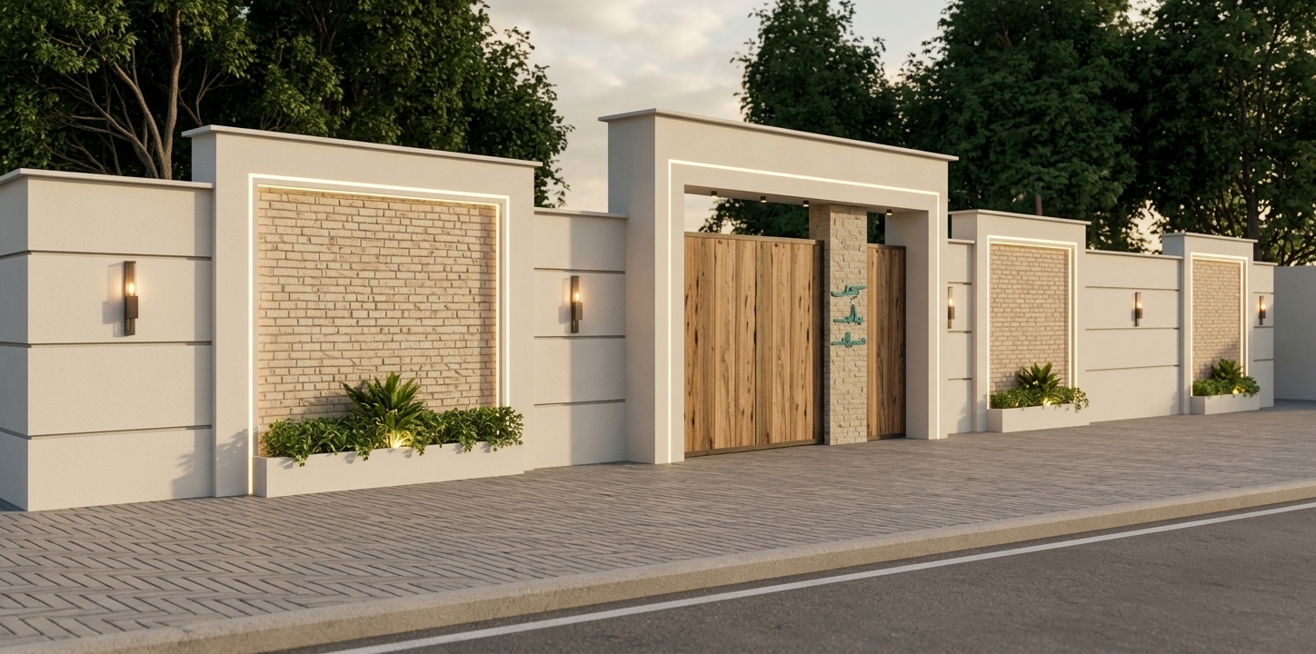 An incredibly lifelike, richly detailed, photorealistic eye-level wide-angle shot of a modern luxury entrance wall and gate set in an upscale desert retreat. The scene is illuminated by soft late-afternoon ambient light complemented by glowing perimeter LED strips and warm wall sconces, creating an inviting and sophisticated atmosphere. Captured with a professional 35mm architectural tilt-shift lens, emphasizing the tactile contrast between smooth off-white stucco walls, light brick-textured inset panels, and rich natural wood grain on the grand sliding entrance gate. Embedded linear lighting outlines the stone panels, casting a soft highlight over low white planter boxes filled with lush green foliage. A slender stone accent pillar beside the wooden gate displays subtle teal calligraphic lettering. Dense green tree canopies rise over the tall perimeter wall against a soft, cloud-scattered sky, while a herringbone-paved sidewalk and smooth asphalt street cleanly anchor the foreground.