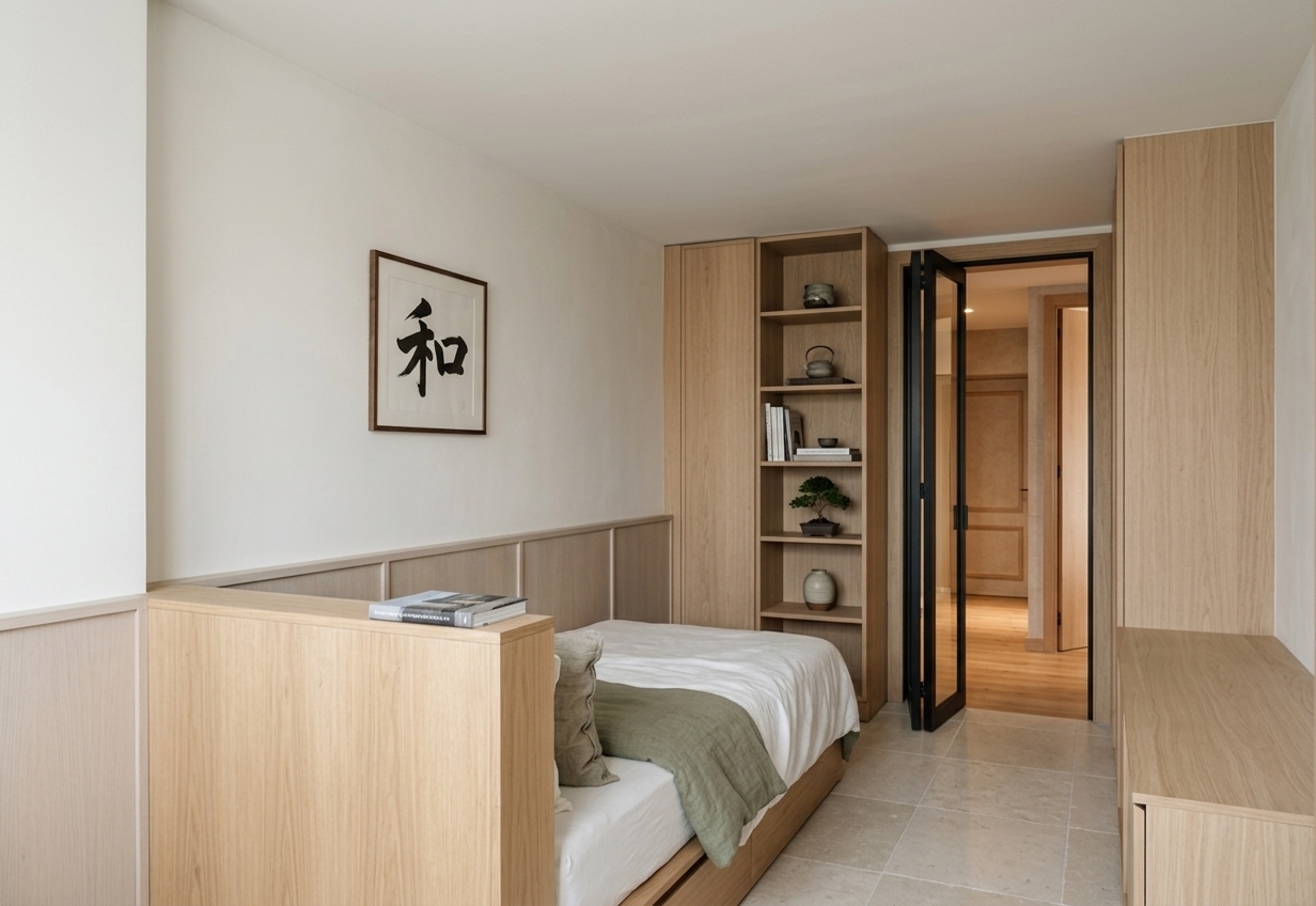 An incredibly lifelike, richly detailed, photorealistic wide-angle interior shot of a minimalist Japanese Zen bedroom set in a tranquil modern apartment. The scene is illuminated by soft, diffused natural morning light filtering gently into the space, creating a serene, calm, and harmonious atmosphere. Captured with a 24mm architectural tilt-shift lens, emphasizing the tactile textures of light natural oak wood grain, slubby organic linen, and smooth matte plaster walls, the design centers around a low-profile built-in wooden platform bed nestled against a light-toned wainscoted wall. The bed is dressed in crisp white and earthy sage-green linen bedding, accompanied by a neatly placed photography book on its edge. Above the headboard, the expansive off-white wall is tastefully understated, featuring a single framed piece of Japanese calligraphy wall art painted in bold black sumi ink to celebrate wabi-sabi aesthetics. In the background, floor-to-ceiling light wood built-in wardrobes and open shelving offer uncluttered storage while displaying a few thoughtfully curated pieces of Japanese decor and a vibrant indoor plant. A sleek glass-paneled folding door with a delicate black frame stands open to reveal a warm, wood-floored hallway beyond, while low wooden cabinetry lines the right wall, ensuring clutter-free surfaces and reinforcing a balanced, deeply peaceful atmosphere.