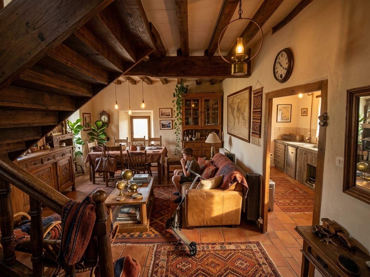 An incredibly lifelike, richly detailed, photorealistic wide-angle interior shot of a vibrant living room set in a restored rustic home with original timber architecture. The scene is illuminated by warm, late-afternoon golden sunlight streaming through deep-set windows and softly glowing brass lanterns, creating an inviting, cultured, and adventurous atmosphere. Captured with a 24mm f/2.8 lens, emphasizing raw wood textures, hand-woven global textiles, and polished metal accents, the design embraces a captivating "Travelers Trove" aesthetic. Warm lime-washed sand walls replace the original yellow finish, serving as a canvas for framed vintage maps, travel-inspired fine art photography, and woven wall hangings. Underneath exposed dark wooden ceiling beams, a camel-leather sofa adorned with embroidered Moroccan cushions sits opposite a reclaimed teak coffee table piled with heavy art and photography books, brass globes, and curated travel souvenirs. Rich, layered Kilim rugs in shades of warm terracotta, rich indigo, and saffron cover the floor, while a lush fiddle-leaf fig and trailing ivy bring fresh natural life to the corner by the stairs, seamlessly blending nostalgic vintage charm with modern eclectic elegance.