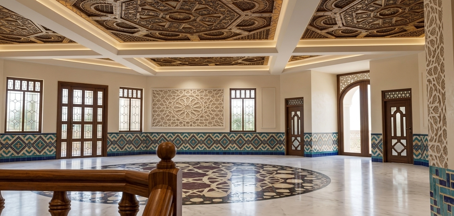 An incredibly lifelike, richly detailed, photorealistic wide-angle interior perspective shot of a grand central hall set in a luxury heritage hotel inspired by traditional Islamic architecture. The scene is illuminated by a harmonious blend of soft ambient interior light and crisp daylight streaming through tall wooden-framed windows, creating a sophisticated, serene, and opulently welcoming atmosphere. Captured with a full-frame camera paired with a 16mm ultra-wide architectural lens, emphasizing the intricate geometric zellige tile wainscoting, polished marble flooring, hand-carved wooden ceiling coffers, and delicately sculpted plaster artwork. 

The spacious hall features a stunning central marble floor inlaid with a complex circular geometric mosaic in burgundy, cream, and charcoal tones. Elaborate painted wooden ceiling bays adorned with intricate octagonal starburst patterns command the upper volume, casting subtle, realistic shadows into the recessed paneling. Along the perimeter, smooth cream walls are anchored by vibrant ceramic tile bands in turquoise, gold, and deep blue, framed by polished timber doors featuring finely detailed glass paneling and intricate carved transoms. In the foreground, a warm, polished wooden balustrade adds a tactile sense of depth and scale, guiding the eye across the vast, immaculate expanse of this five-star architectural masterpiece.