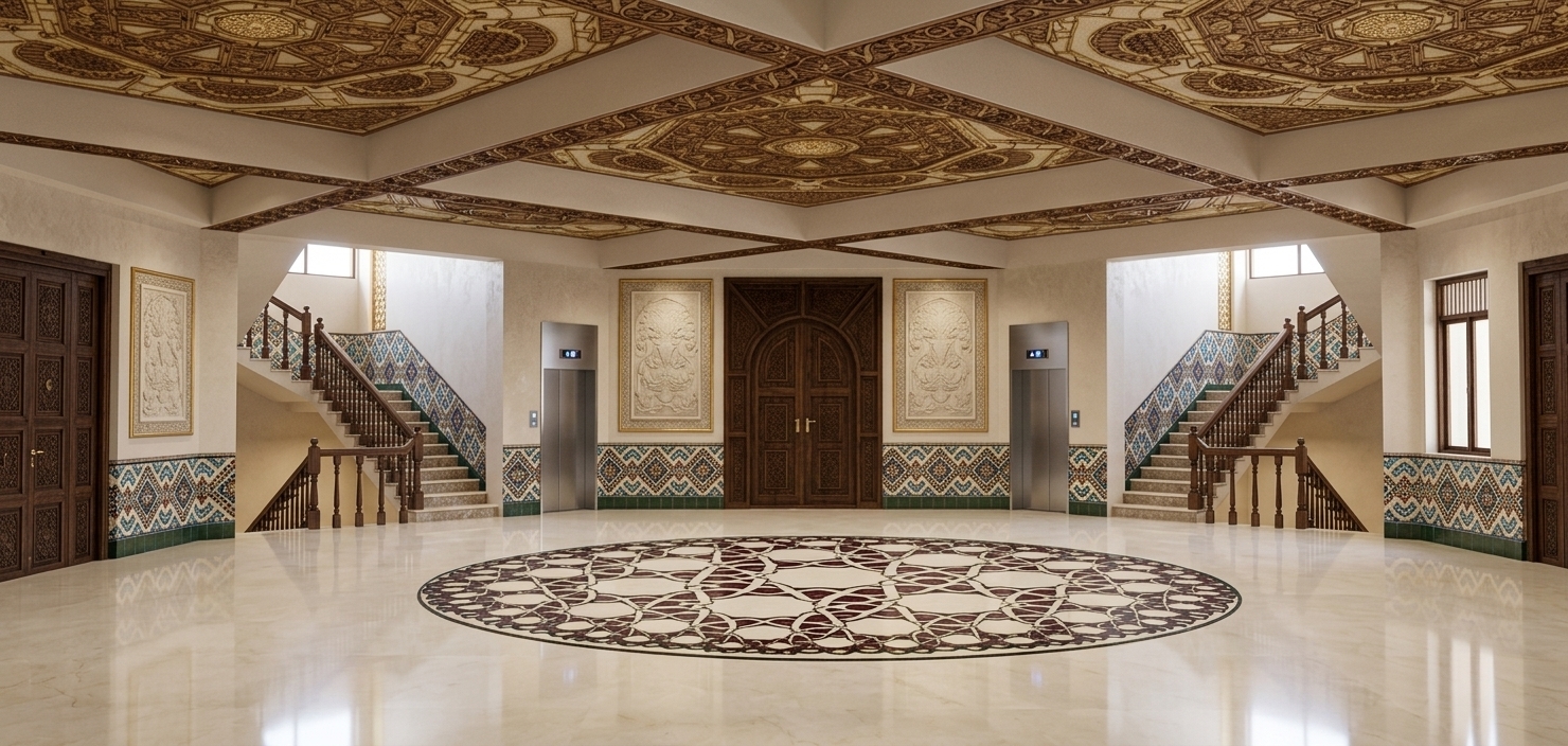 An incredibly lifelike, richly detailed, photorealistic wide-angle interior shot of a grand luxury heritage hotel lobby set in an opulent oriental palace sanctuary. The scene is illuminated by soft, warm ambient lighting seamlessly blended with natural daylight, creating a sophisticated, welcoming, and majestic atmosphere. Captured with a professional 16mm architectural lens, emphasizing the intricate geometric textures, polished marble reflections, and fine woodworking details. The impressive double-height space features a breathtaking coffered ceiling covered in hand-carved, traditional Islamic geometric motifs. Below, a pristine, highly polished ivory marble floor gently reflects the ambient light, anchored by a large, intricately inlaid circular floor mosaic with rich burgundy and cream geometric patterns. Dual symmetrical staircases with finely turned wooden balustrades hug the perimeter walls, which are adorned with vibrant geometric zellige tile wainscoting and framed bas-relief artwork panels. Double-leaf carved wood doors and sleek brushed-steel elevator surrounds complete the harmonious blend of historic elegance and modern luxury, brought to life through flawless ray-traced reflections and realistic global illumination.
