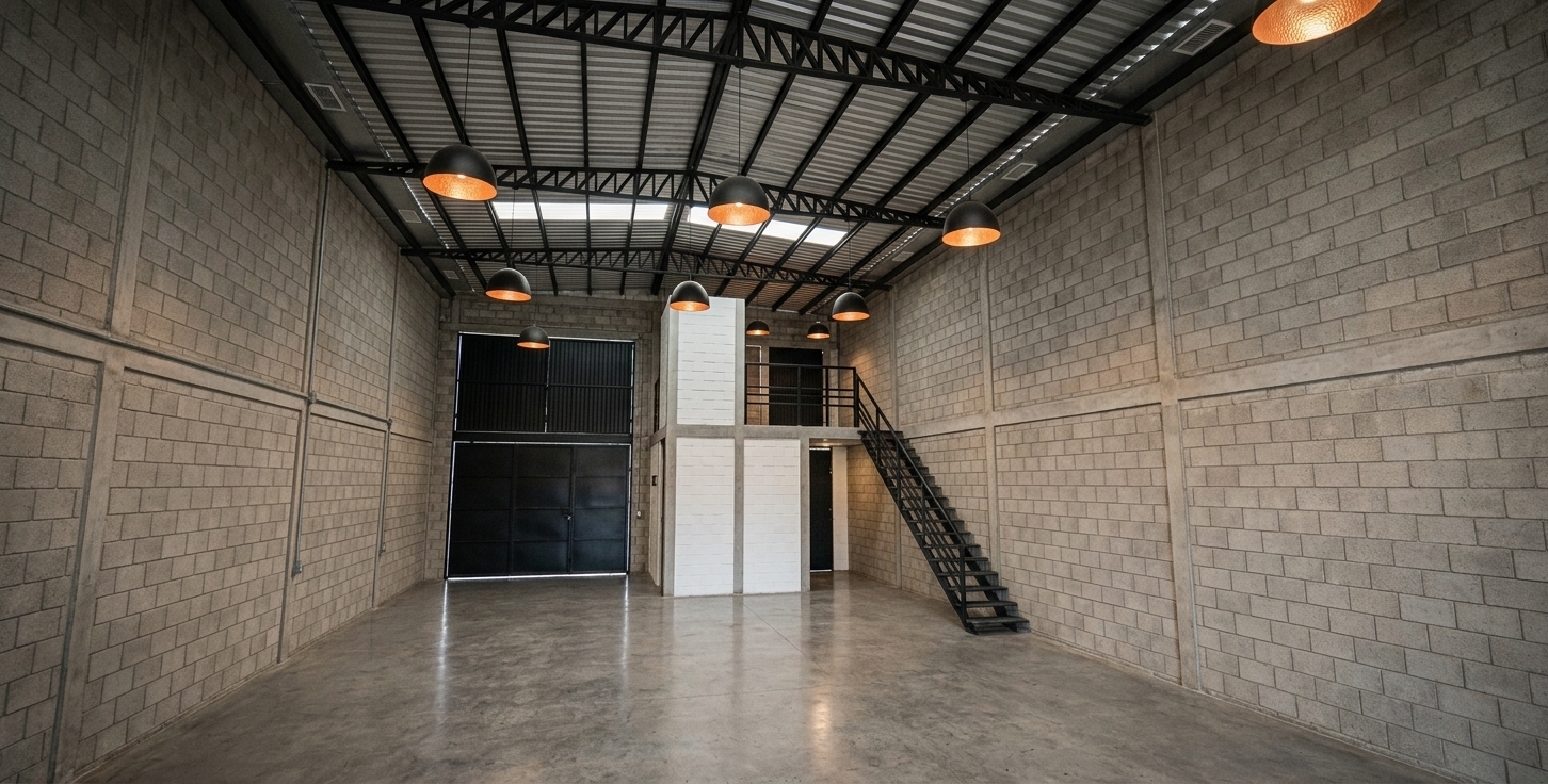A professional wide-angle interior photograph of an expansive industrial warehouse space, perfectly matching the original geometry, structure, and composition from the reference image. The unpainted concrete cinder block walls feature realistic micro-porous masonry textures, subtle tone variations, and defined mortar lines framed by smooth cast-concrete structural columns. High overhead, an intricate ceiling grid of black structural steel trusses, purlins, and corrugated metal decking displays natural metallic sheen, subtle dust accumulation, and soft ambient shadows. Suspended dome pendant lights with black exteriors cast a cozy, warm 2700K illumination from their textured copper-toned inner reflectors, casting realistic pools of warm light across the floor and walls. The polished grey concrete floor features faint reflections of the ceiling lights, fine surface scuffs, micro-imperfections, and realistic light falloff. In the background, the dark metallic garage door, black steel staircase, and light-colored block central office module exhibit authentic matte finishes, subtle specular highlights, and natural contact shadows, captured with a sharp wide-angle lens, gentle vignetting, and fine photographic film grain.