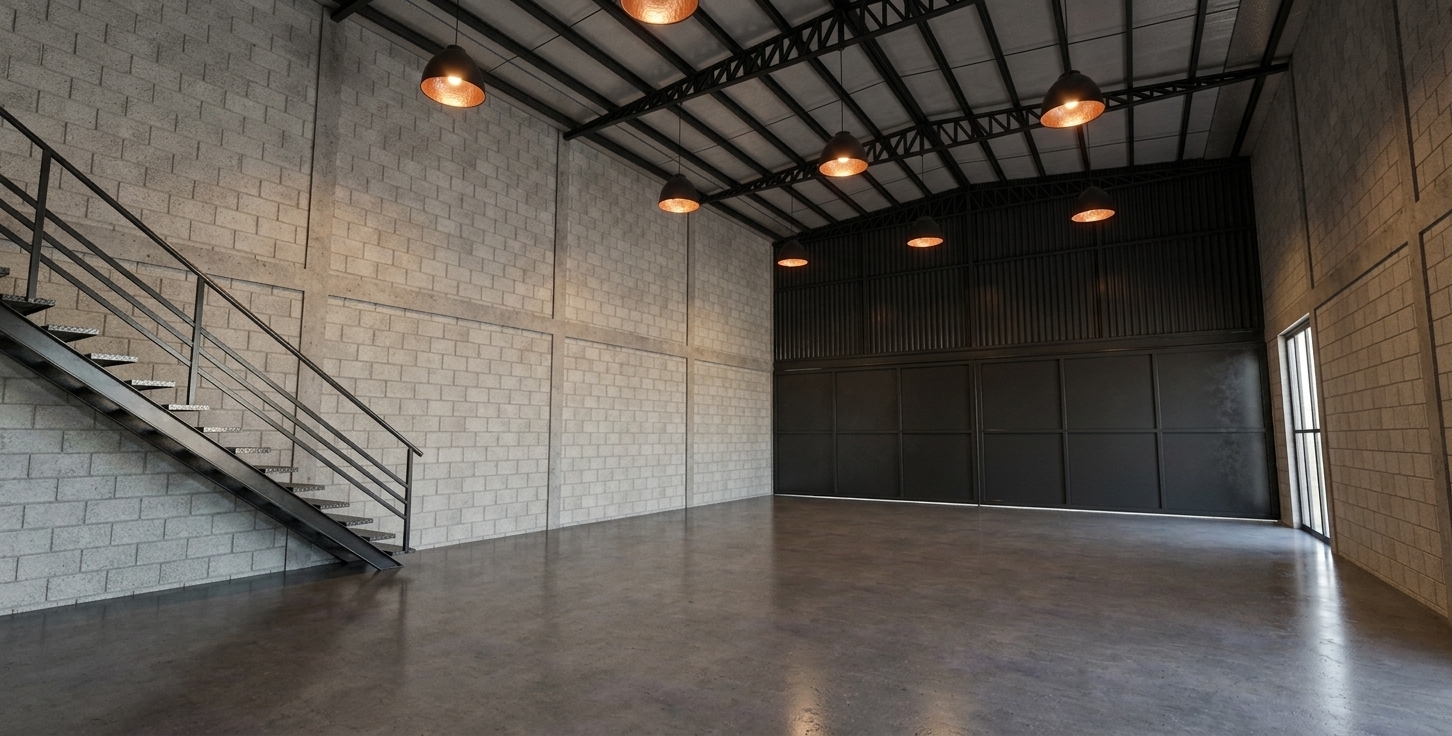 A photorealistic architectural interior photograph of the empty modern industrial space, maintaining the precise geometry, layout, composition, and eye-level perspective of the reference image. The side walls are built from light-gray concrete masonry blocks with porous, tactile textures and fine mortar joints. Smooth poured concrete covers the expansive floor, exhibiting a realistic satin finish with faint scuffs, micro-imperfections, and soft reflections of the overhead fixtures. The left staircase is crafted from powder-coated matte black steel, showing realistic subtle sheen along its edges and handrails. Overhead, black steel trusses and roof beams span the high ceiling, suspending black dome pendant lights that emit a rich, warm tungsten glow from their copper-hued inner bowls. This warm artificial illumination casts soft-edged directional light down onto the concrete floor and surrounding walls, creating natural light falloff, deep bounce lighting, and believable ambient contact shadows. The background features dark multi-panel industrial doors set below matte black corrugated metal cladding. Shot on a wide-angle lens with a deep depth of field, natural exposure, subtle noise in deep shadows, and realistic physical material properties.