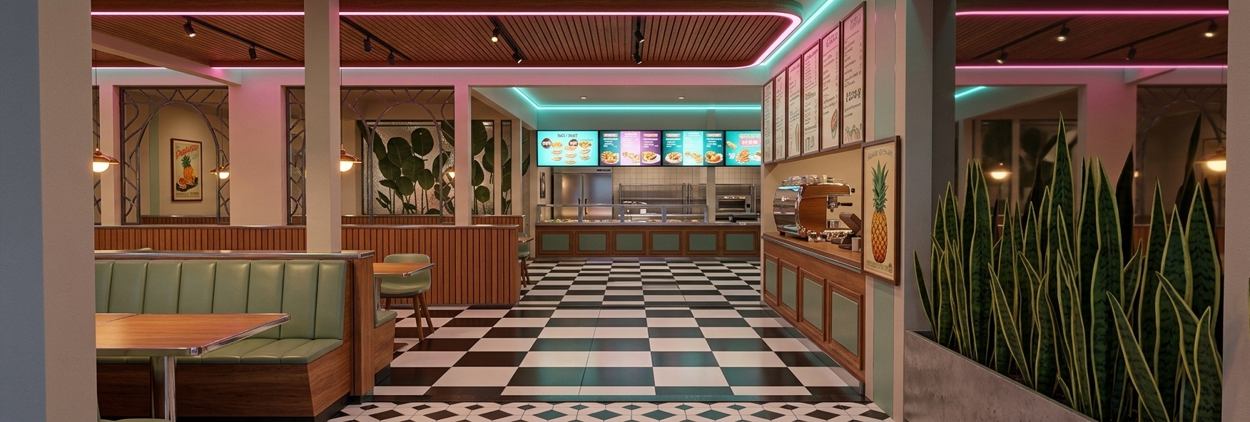 An incredibly lifelike, richly detailed, photorealistic wide-angle interior photograph of a vibrant 1980s-inspired American diner set in a modern mid-century restaurant space. The scene is illuminated by glowing pink and turquoise neon accents combined with warm, low-hanging ambient light fixtures and table lamps, creating a cinematic, nostalgic atmosphere. Captured with a 24mm architectural lens, emphasizing glossy black-and-white tiled flooring, supple sage green vinyl booth seating trimmed in gleaming chrome, and fine wood paneling. 

To the left, comfortable dining booths with sage green vinyl cushions and warm timber bases line the wall beneath soft ceiling accents. The central tiled aisle draws the eye straight back to a sleek service counter equipped with brightly backlit digital menu displays and stainless steel fixtures. On the right, a refined coffee bar featuring a chrome espresso machine and vintage framed posters sits adjacent to a lush planter filled with upright snake plants in the immediate foreground. Overhead, recessed wood-slat ceiling trays bring warmth and sophisticated texture to the space, effortlessly merging retro diner charm with polished architectural design.