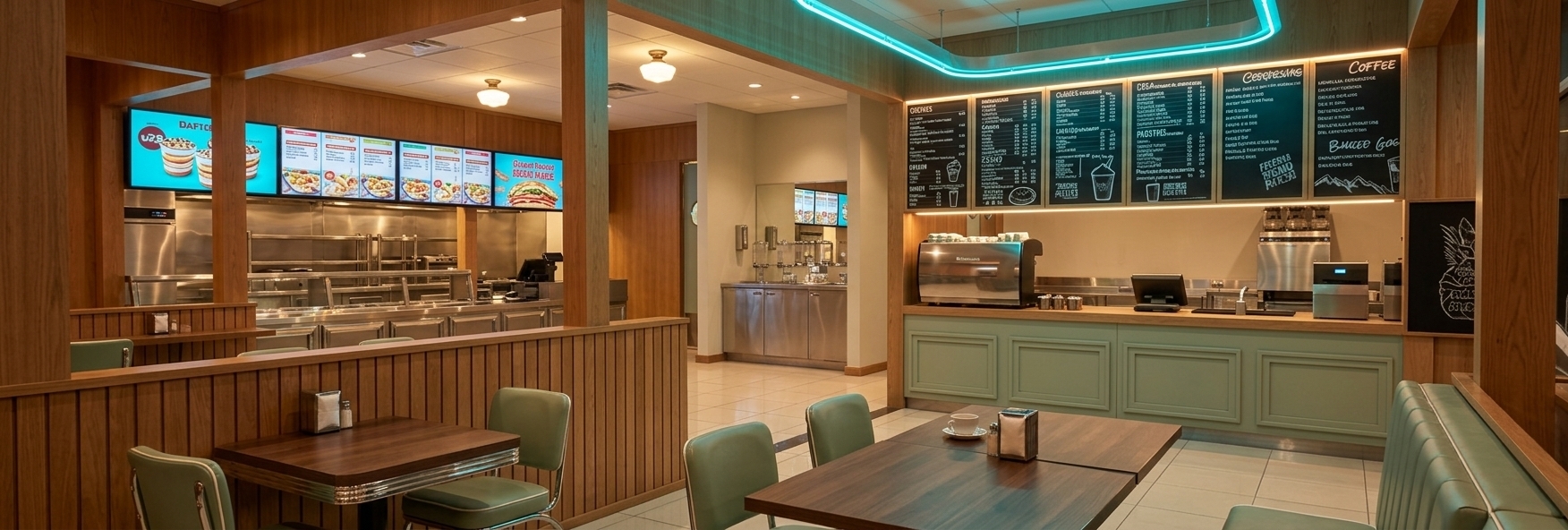 An incredibly lifelike, richly detailed, photorealistic wide-angle interior photograph of a retro-inspired 1980s American diner and café set within a stylish mid-century modern restaurant space. The scene is illuminated by glowing warm white and turquoise neon accents, ambient recessed ceiling spots, and warm glowing table lamps, creating a cozy, vibrant, and cinematic atmosphere. Captured with a 24mm architectural tilt-shift lens, emphasizing the rich contrast between polished textures, sleek chrome trims, and smooth wooden paneling. In the foreground, a warm wood-slatted partition wall frames a dining setup featuring dark timber tables and soft sage-green vinyl seating trimmed with shiny, reflective chrome. To the right, a dedicated coffee bar showcases a light sage-green paneled counter topped with natural wood and a professional stainless-steel espresso setup, anchored by detailed chalkboard-style menu boards overhead. On the left, a sleek ordering counter is outfitted with vibrant backlit digital screens and polished stainless steel kitchen equipment, while clean, reflective floor tiles bounce the warm, inviting light throughout the spacious, open-plan layout.