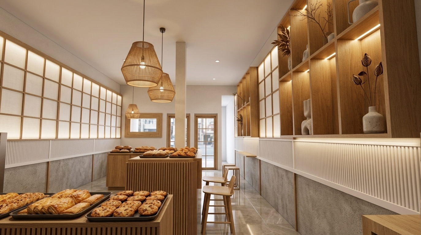 An incredibly lifelike, richly detailed, photorealistic wide-angle interior shot of a Modern Japandi bakery café set in a serene urban environment. The scene is illuminated by warm ambient lighting (2700K–3000K) paired with soft natural daylight and integrated LED strip accents, creating a cozy, serene, and refined hospitality atmosphere. Captured with a 24mm wide-angle lens at an eye-level perspective, emphasizing natural oak wood grain, woven rattan textures, fluted white paneling, textured concrete walls, and polished floor tiles, the visualization presents a harmonious blend of traditional craftsmanship and contemporary minimalism. 

To the right, geometric open-oak shelving units emit a soft glow from integrated LED strips, illuminating minimalist ceramic art pieces and slender dried botanical arrangements. Shoji-inspired grid paneling lines the upper walls above fluted white trim and tactile, concrete-finish lower panels. In the foreground, a slatted oak service counter proudly showcases an array of golden, freshly baked pastries neatly arranged on dark trays. Woven rattan pendant lights descend from the ceiling along the central aisle, drawing the eye past minimalist wooden bar stools toward glass-paneled wooden doors at the far end. Crisp global illumination, realistic depth of field, and reflective, glossy porcelain floor tiles complete this ultra-detailed, cinematic interior portrait.