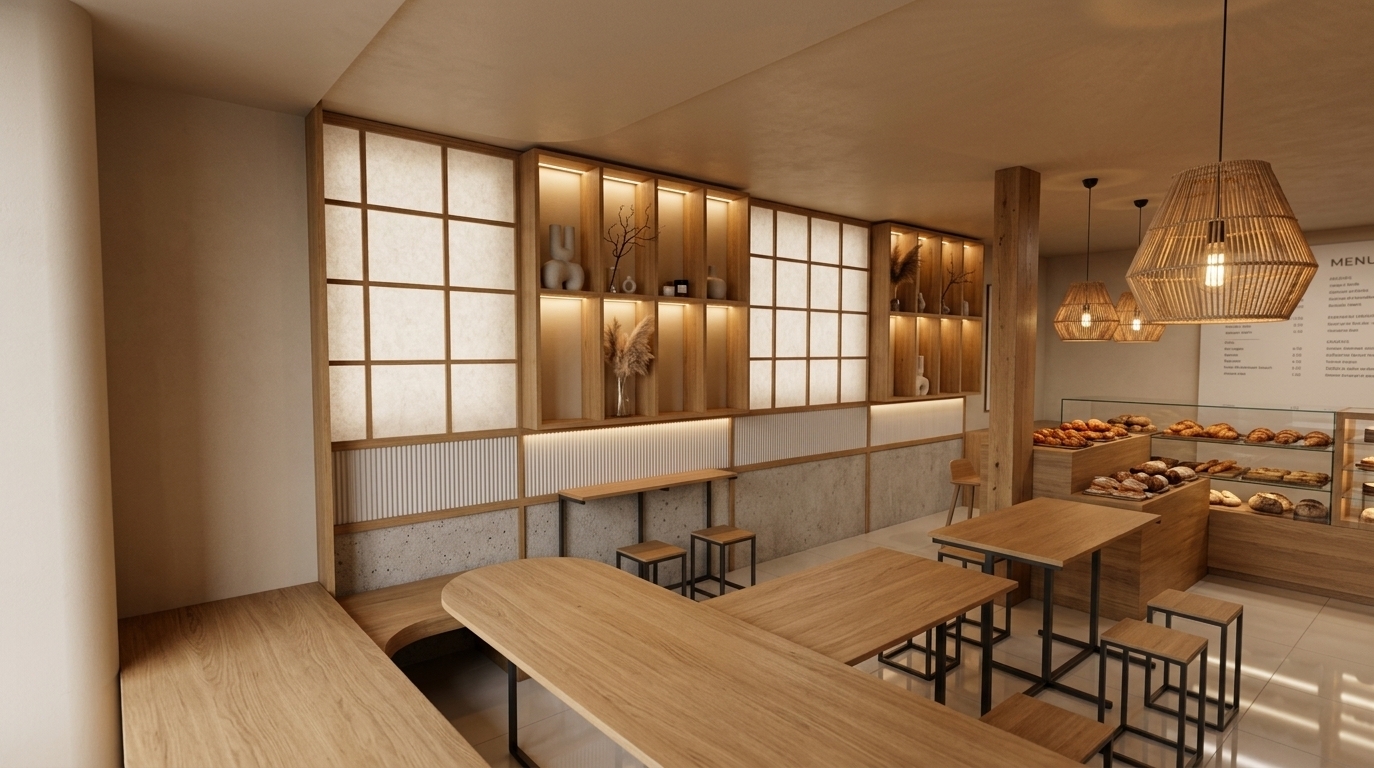 An incredibly lifelike, richly detailed, photorealistic eye-level interior view of a Modern Japandi bakery café set in a serene urban hospitality environment. The scene is illuminated by warm 2700K–3000K LED strip backlighting integrated into display shelving, soft global illumination, and the warm glow from woven rattan pendant lights, creating a cozy, tranquil, and sophisticated atmosphere. Captured with a professional DSLR camera paired with a 24mm wide-angle lens, emphasizing tactile natural oak wood grain, delicate shoji-inspired grid panels, fluted white textures, and mirror-like reflections on the polished porcelain floor.

The architectural layout seamlessly integrates warm oak ceiling soffits and vertical timber columns that anchor the open-concept space. The feature wall showcases geometric shoji-style wall grids juxtaposed against textured concrete lower panels and refined fluted white millwork. Warm LED strips illuminate open wooden shelving filled with minimalist ceramic art pieces and dried botanical arrangements. Minimalist light wood counter tables and matching tall bar stools invite casual seating, while a clean, multi-tiered service counter in the background features an inviting arrangement of freshly baked pastries. Ray-traced contact shadows, subtle micro-surface imperfections, and cinematic color grading elevate the hyper-realistic quality of this serene hospitality interior rendering.