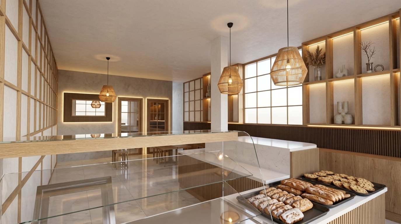 An incredibly lifelike, richly detailed, photorealistic wide-angle interior shot of a Modern Japandi bakery café set in a serene urban hospitality environment. The scene is illuminated by a harmonious blend of soft natural daylight and warm 2700K–3000K ambient lighting, with hidden LED strips along open slatted shelves and radiant woven rattan pendant lamps hanging from above, creating a cozy, luxurious atmosphere. Captured with a 24mm wide-angle lens at an eye-level perspective, emphasizing tactile natural oak wood grain, fluted white wall paneling, shoji-inspired timber gridwork, and subtle reflections across the polished porcelain floor and clear pastry display case. In the foreground, a glass display showcase sits atop a warm slatted-oak service counter, presenting an array of freshly baked breads, glazes, and cookies arranged on dark trays. The back wall features backlit floating timber shelves decorated with minimal ceramic accessories and dried botanical arrangements, set against smooth white surfaces and a textured concrete wainscoting. Precise ray-traced shadows and soft global illumination give remarkable depth to the peaceful, digital zen space.
