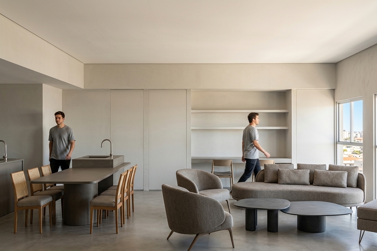 A high-end architectural interior photograph of this modern open-plan living and dining space, bathed in bright, clear midday sunlight streaming through the large windows on the right. The image retains the exact perspective, framing, and geometry of the scene, captured with a professional wide-angle lens that delivers sharp clarity and a subtle, natural depth of field. Direct sunlight creates crisp, defined shadows on the smooth light-grey micro-cement flooring while filling the room with warm, natural daylight balanced by soft ambient fill. The dining island features a smooth matte composite surface with a sleek brushed nickel faucet, surrounded by dining chairs with natural woven rattan cane backrests, solid oak frames, and soft textured fabric seats. In the foreground lounge area, the curved armchairs and rounded sofa are upholstered in rich, tactile grey bouclé fabric with visible seam stitching and soft fabric creases, centered around dark matte stone coffee tables. The two figures are rendered as real people dressed in modern casual clothing, captured naturally mid-stride with soft motion detail and realistic skin and garment textures. Subtle wall micro-textures, faint airborne dust motes catching the daylight, and minor optical vignetting at the frame corners enhance the convincing quality of a real photograph.