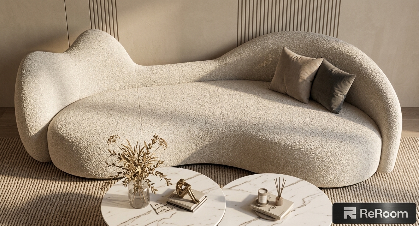 An incredibly lifelike, richly detailed, photorealistic eye-level shot of a minimalist living room sanctuary set in a sun-drenched desert retreat. The scene is illuminated by warm, raking afternoon sunlight filtering softly across the space, creating a tranquil, grounded atmosphere. Captured with a 35mm architectural lens, emphasizing the tactile bouclé fabric of the sculptural curved sofa, fine veining on white marble surfaces, and subtle desert-inspired textures. Set against smooth, beige-toned wall panels adorned with subtle vertical fluting, the organic sofa is accented by plush cushions in muted earth tones of taupe and charcoal. In the foreground, twin white marble coffee tables rest on a ribbed neutral rug, displaying curated, pared-down decor including an artful photography book topped with a brass figurine, a clear glass vase holding delicate desert flora, and a ceramic candle setup. The soothing palette of terracotta, warm sands, and soft beige highlights a sophisticated Southwestern aesthetic, perfectly blending minimalist simplicity with natural warmth.