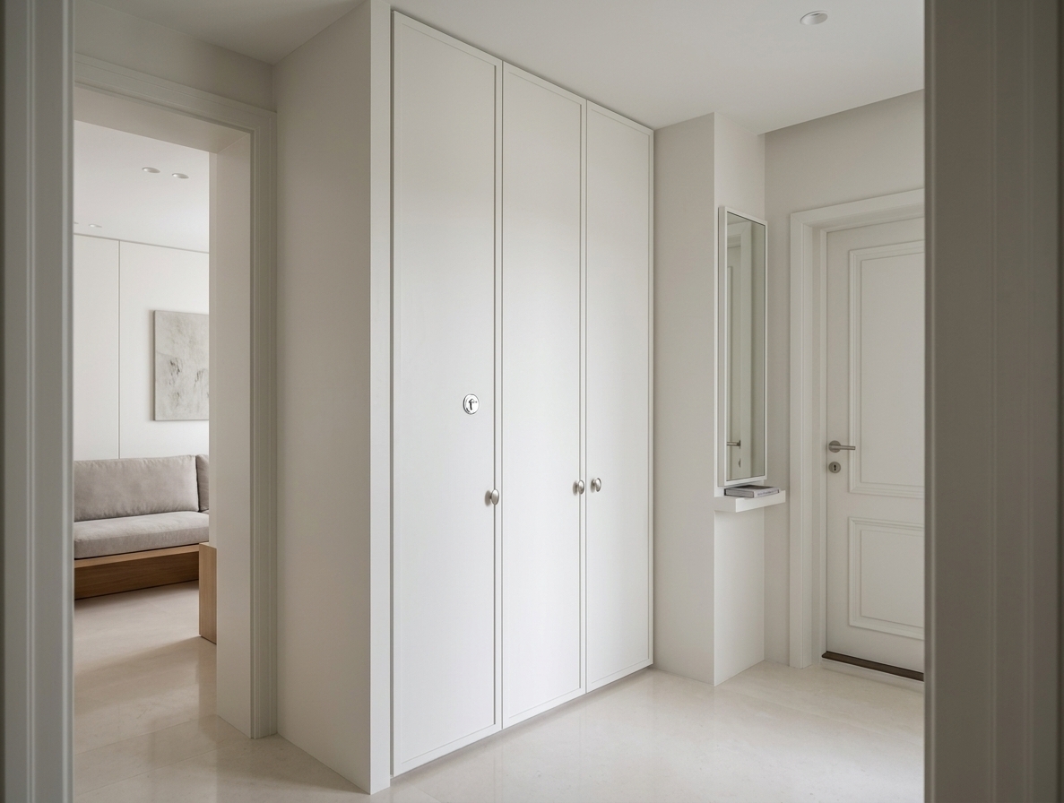 An incredibly lifelike, richly detailed, photorealistic eye-level interior photo of a tranquil mudroom foyer set in a modern minimalist haven. The scene is illuminated by soft natural light blended with subtle recessed ceiling spotlights, creating a serene, uncluttered, and zen-inspired atmosphere. Captured with a 24mm architectural tilt-shift lens, emphasizing smooth matte finishes, crisp spatial depth, and a monochromatic palette of refined white, charcoal gray, and soft pastel undertones, the composition centers on a wall of tall floor-to-ceiling built-in cabinets with slim, elegant framing and sleek metal hardware. To the right, a refined vertical mirror hangs above a floating ledge hosting a single photography book, anchored next to a classic paneled door with clean modern lever handles. On the left, a bright doorway opens into an inviting bench area framed by plush greige-cushioned seating, clean wood panelling, and a subtle piece of abstract wall art, while smooth, pale stone flooring reflects the gentle ambient glow across the entire clutter-free space.