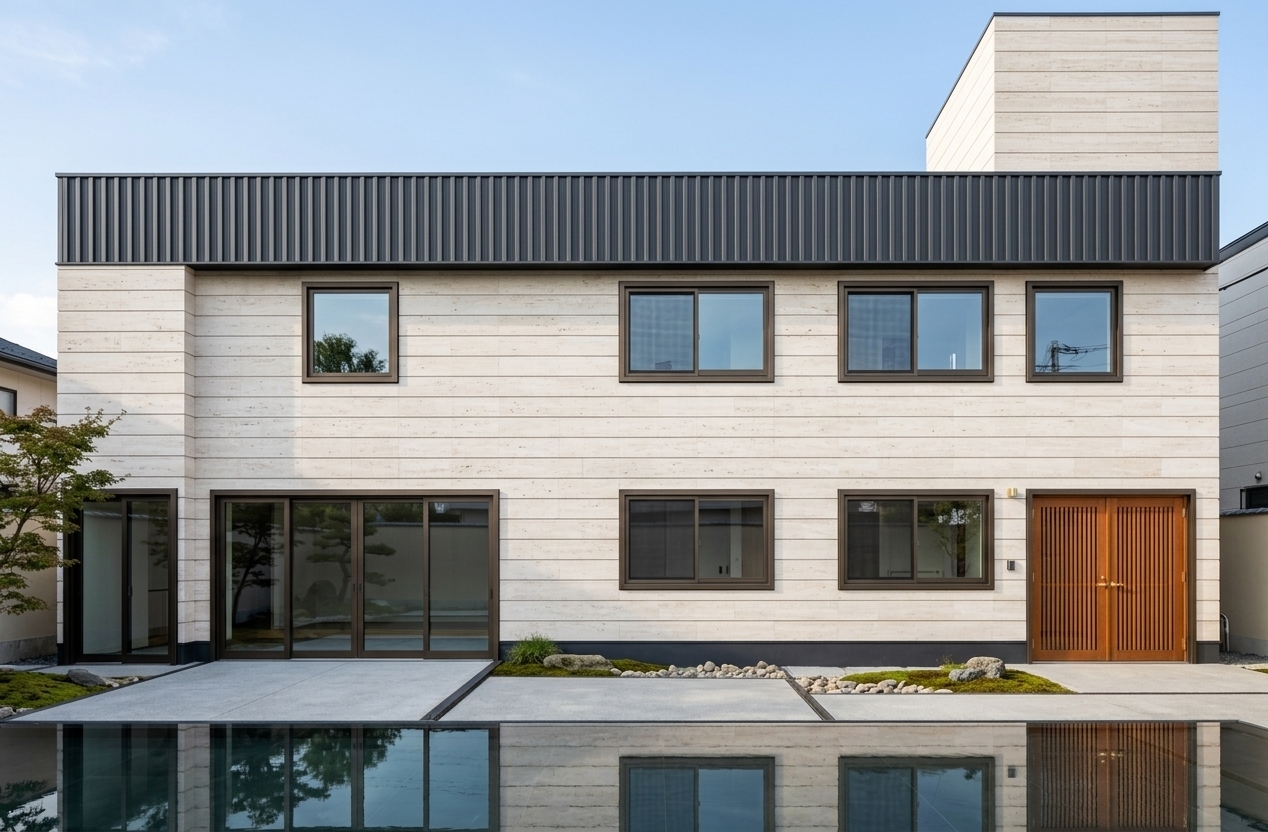 An incredibly lifelike, richly detailed, photorealistic wide-angle architectural photograph of a luxurious contemporary mixed-use building set in a tranquil Japanese Zen-inspired outdoor space with a pristine reflective pool. The scene is illuminated by soft, bright natural daylight casting gentle architectural shadows, creating a serene and sophisticated atmosphere. Captured with a professional 35mm tilt-shift lens, emphasizing the fine porous grain of creamy off-white travertine stone, smooth exposed concrete surfaces, and matte dark metal accents. The clean, minimalist facade features elegant dark framing around framed window glass with subtle matte reflections. Along the ground floor, three commercial storefront entrances on the left are fitted with sleek black aluminum sliding glass doors, while the far-right residential entrance stands out as a warm, inviting portal crafted with rich wood detailing and understated luxury. In the foreground, the calm water of the pool reflects the pristine architectural lines, perfectly blending modern luxury with timeless Zen harmony.